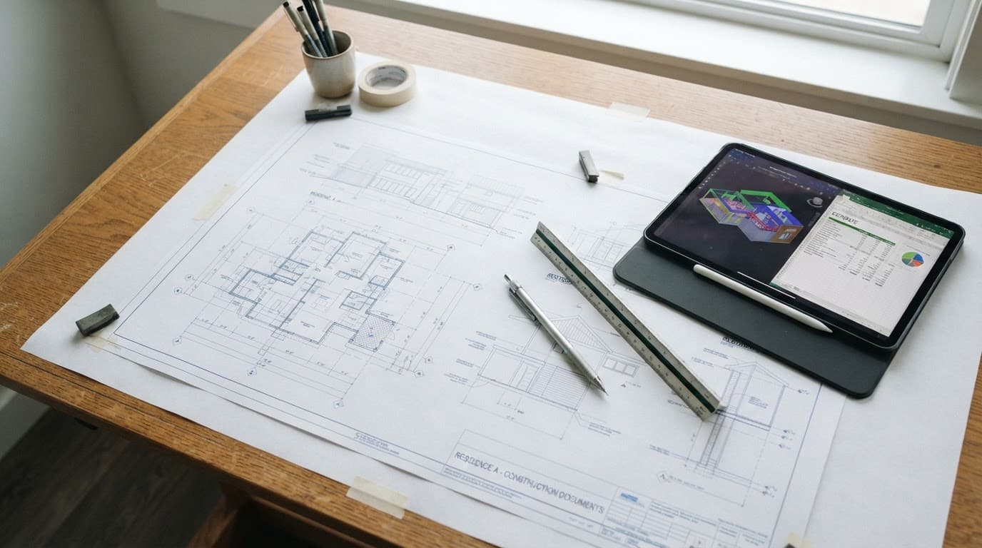 Architectural blueprints, a silver pen, and a tablet rest on a clean white drafting surface.