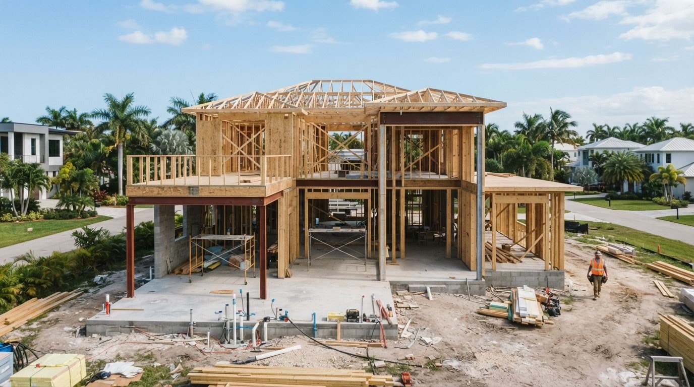 Modern home framing with one safety-vested worker in the background.