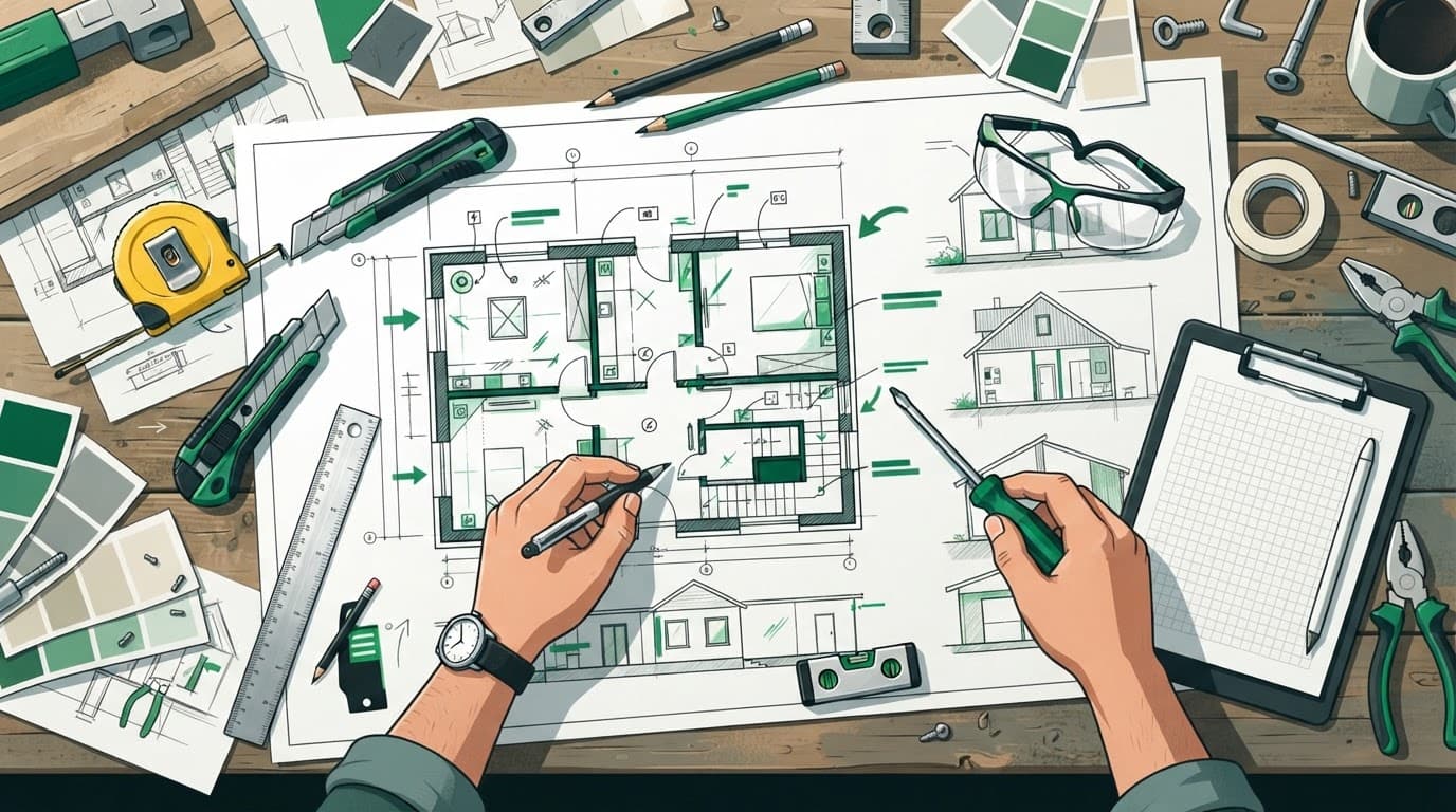 Fort Myers hurricane damage restoration planning includes an architectural blueprint and construction tools on a work table.