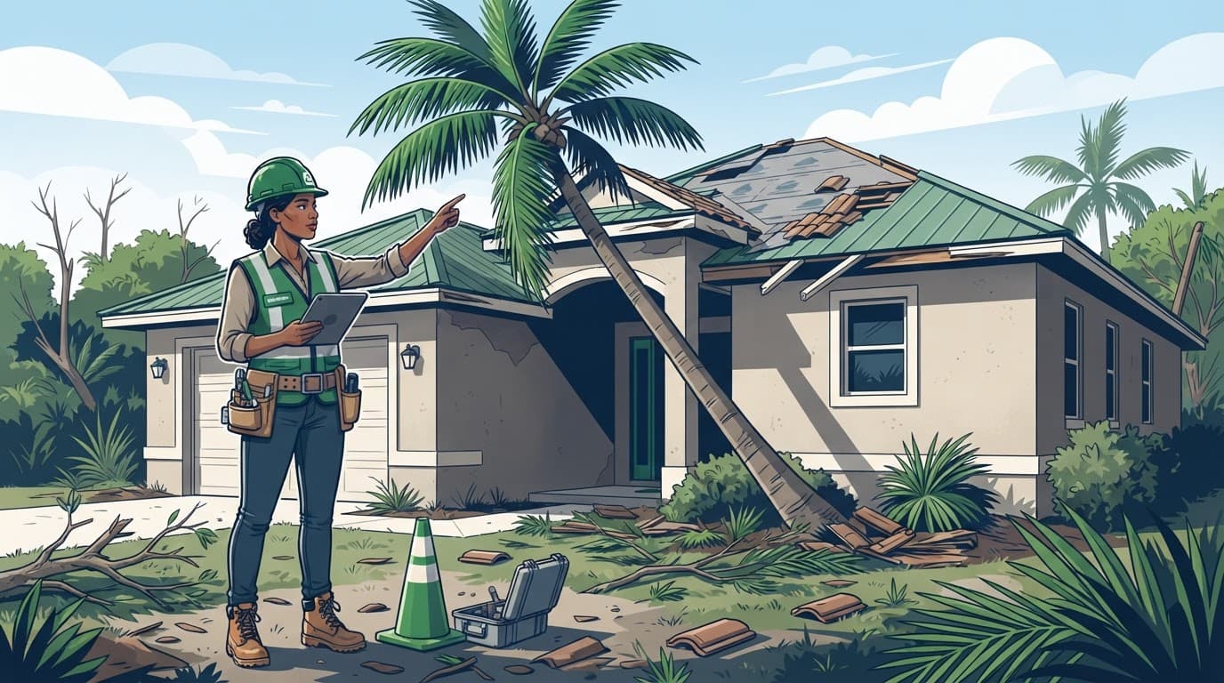 Fort Myers hurricane damage inspection shows an inspector evaluating structural damage on a home's exterior.