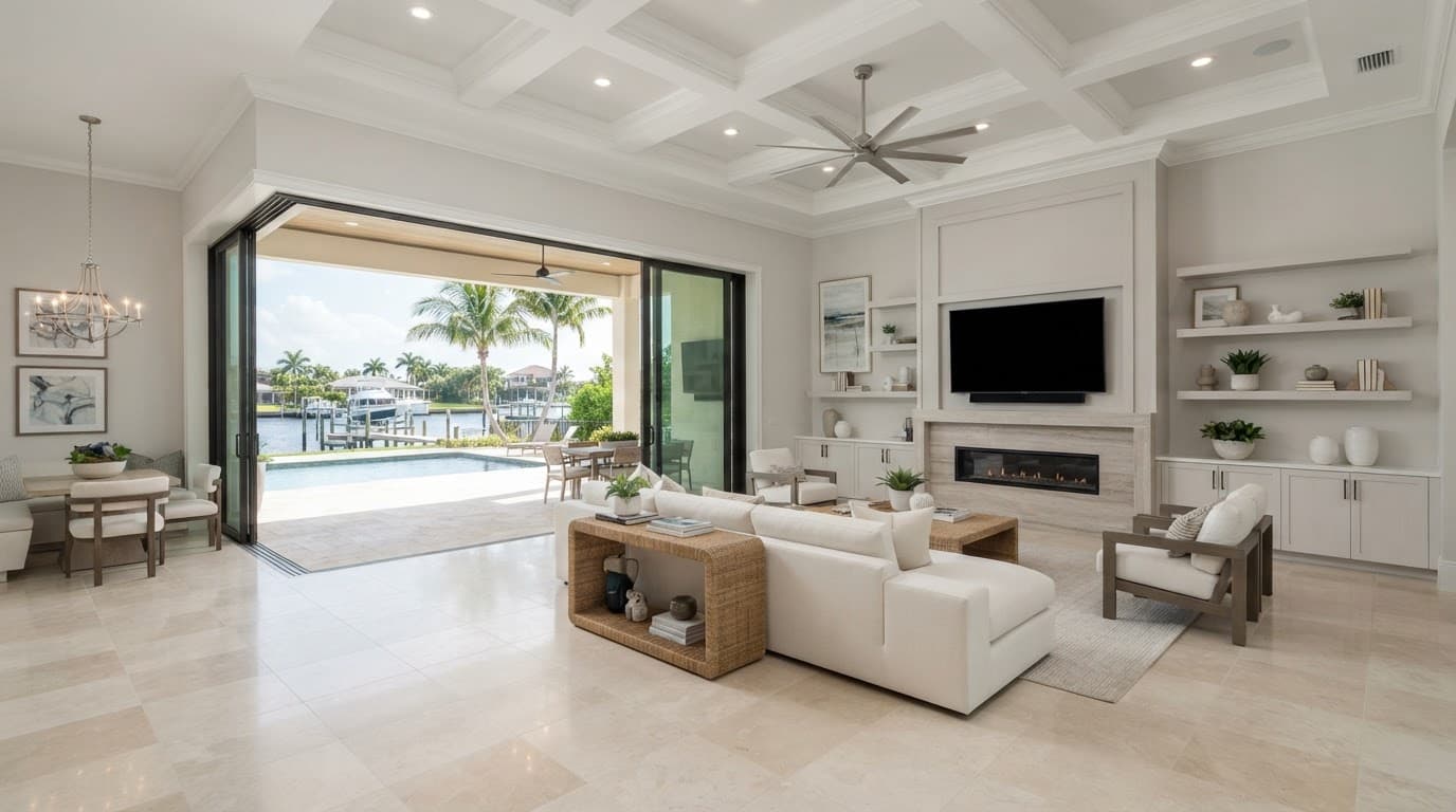 Elegant living room with tall ceilings, tile floors, and glass doors opening to a sunny patio.