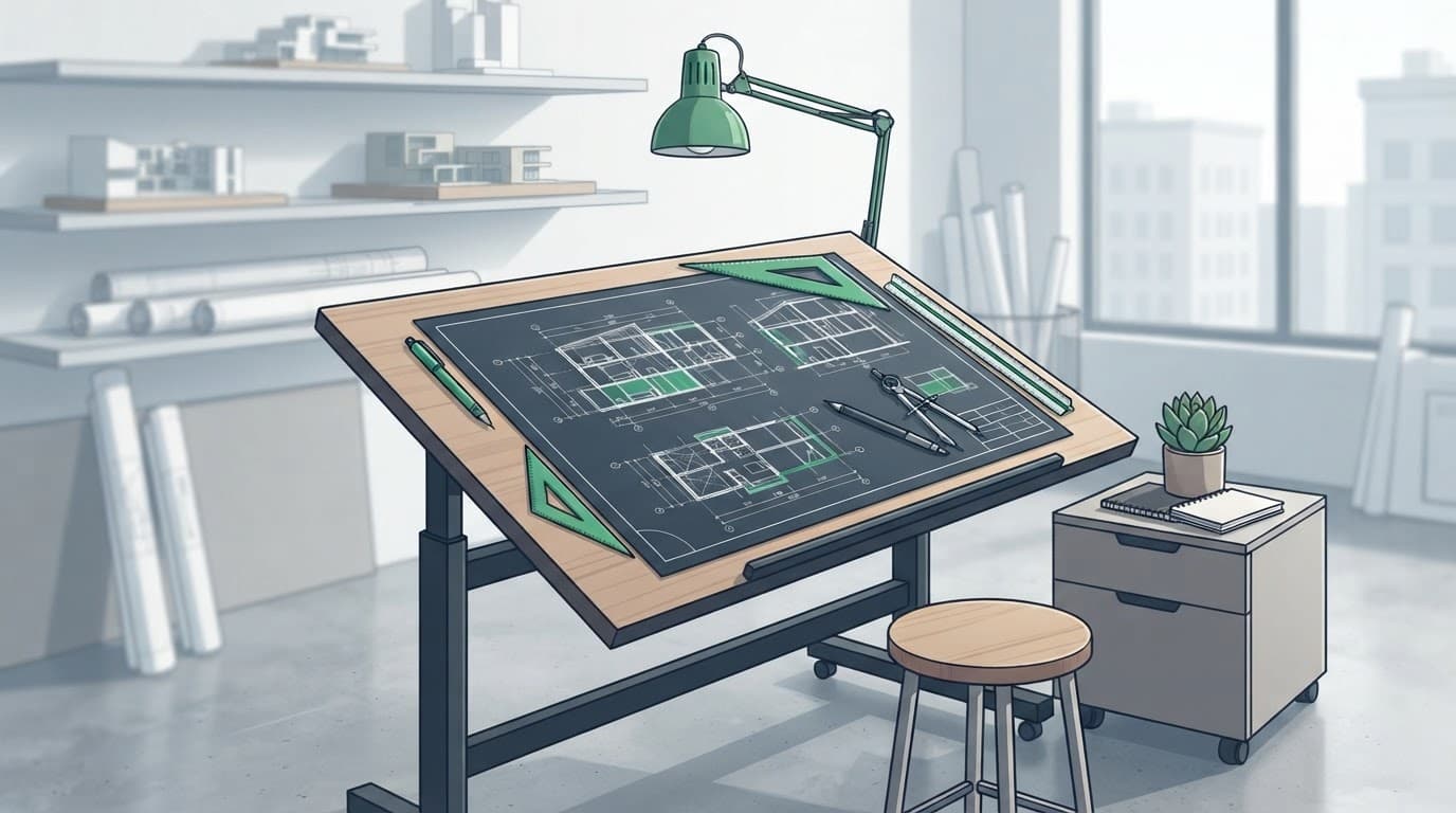 Custom home build time planning with blueprints and architectural tools in a modern workspace.
