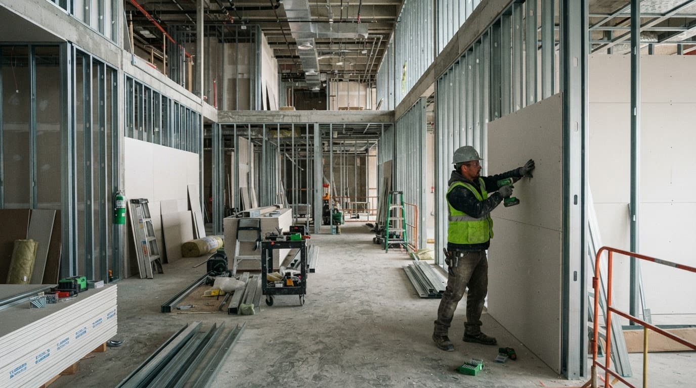 Commercial build-out construction with drywall and metal framing.