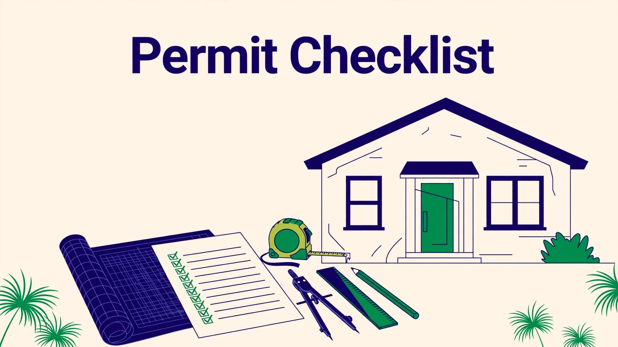 A stucco Florida home beside a blueprint, permit form, checklist, and measuring tools.