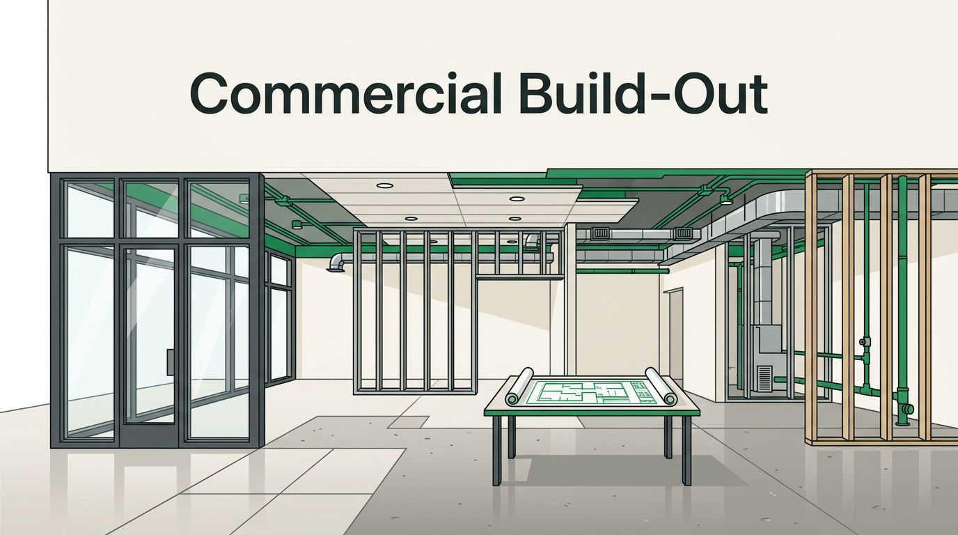 Commercial suite under construction with glass storefront, exposed systems, lighting, and plans on a worktable.