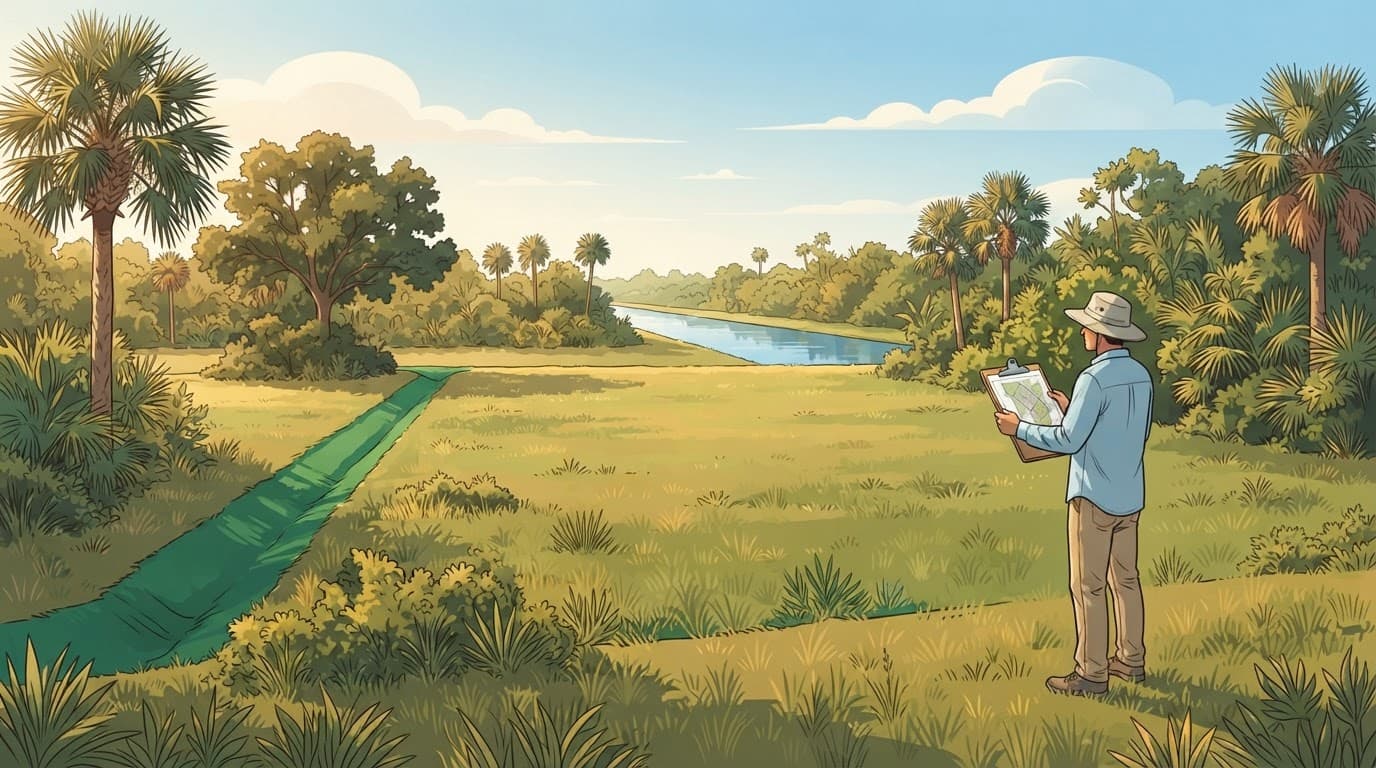Buyer reviewing a site map beside a grassy Florida parcel with palms and a distant canal.