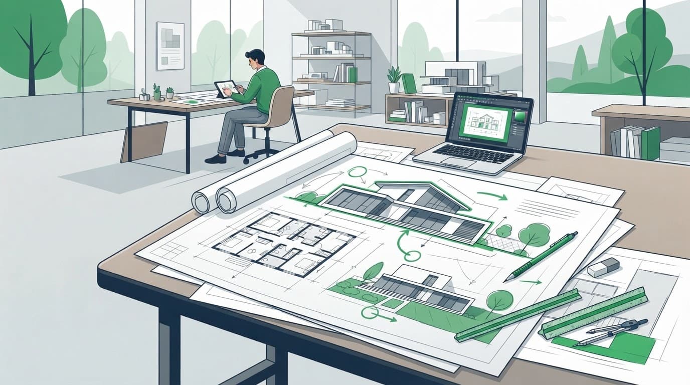 Blueprints for a custom home builder Fort Myers project on a drafting table.