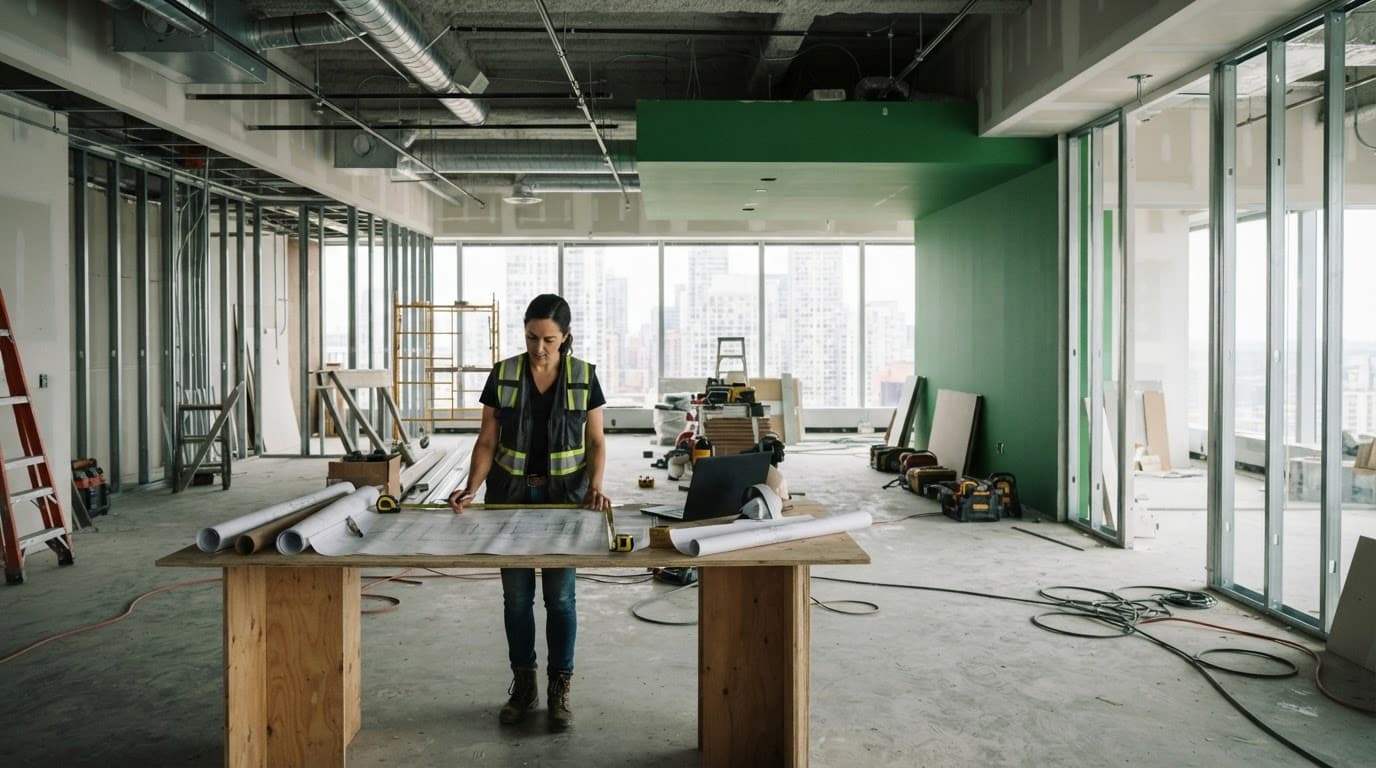Commercial build-out planning in a modern office under construction with green design accents.