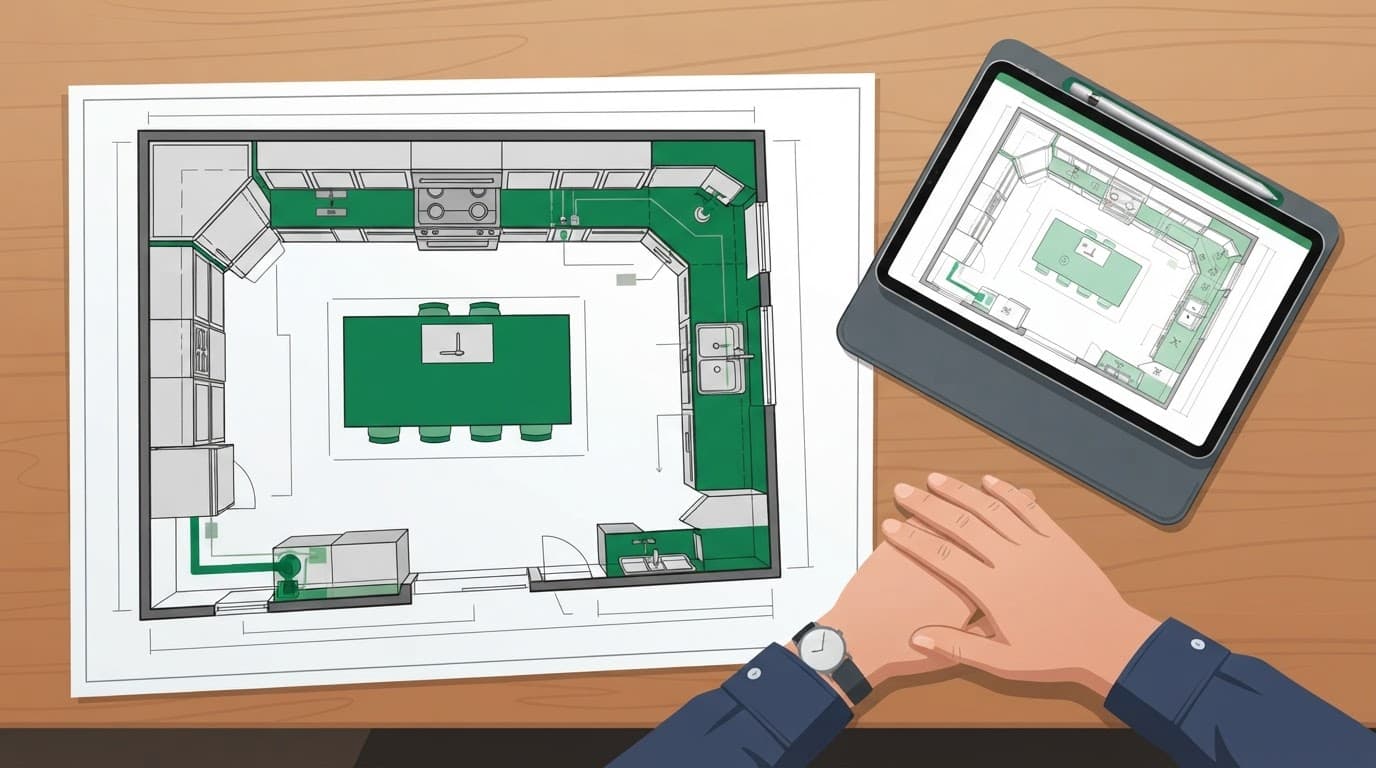 Fort Myers kitchen floor plan beside a tablet and pen on a wooden desk.