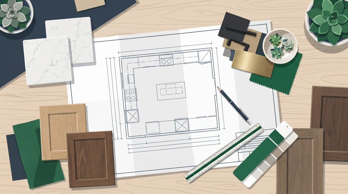 Kitchen material planning in Fort Myers with blueprints, quartz samples, and wood finishes arranged on a desk.