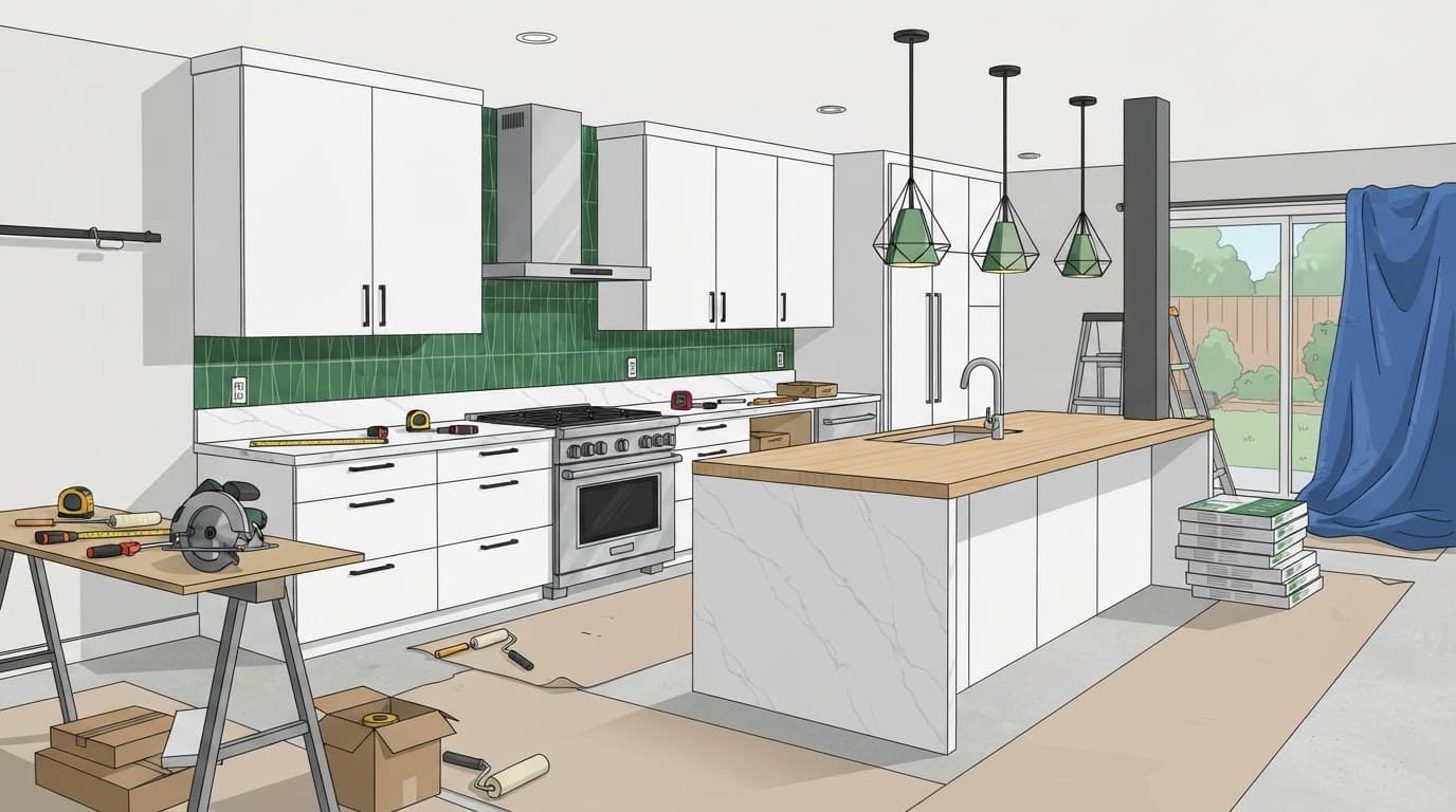 modern kitchen remodel with island, pendant lighting, and open layout