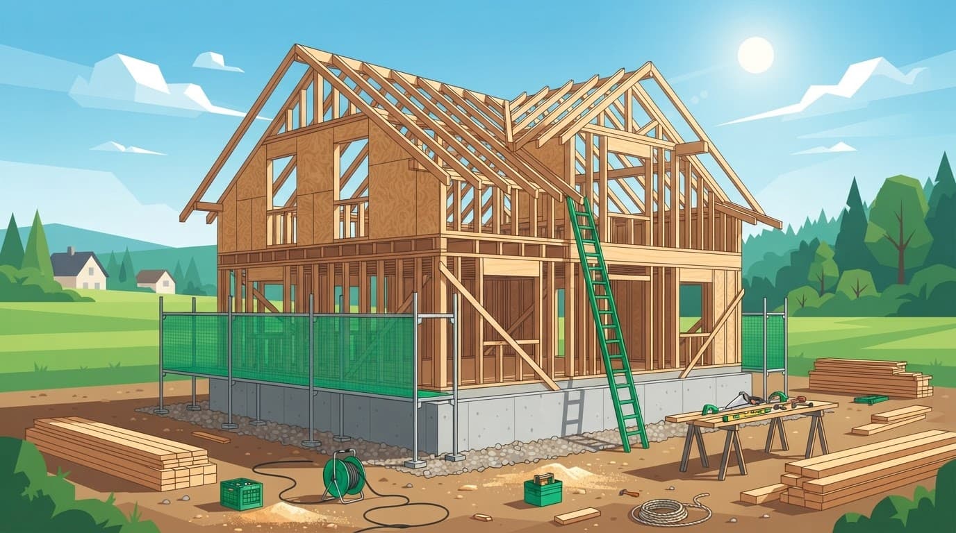 Custom home build time during structural framing, showing a wood-frame house under construction on a sunny day.