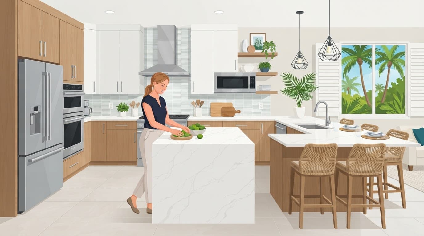 Modern Fort Myers kitchen with quartz counters, green accents, stainless appliances, and one person by the island.