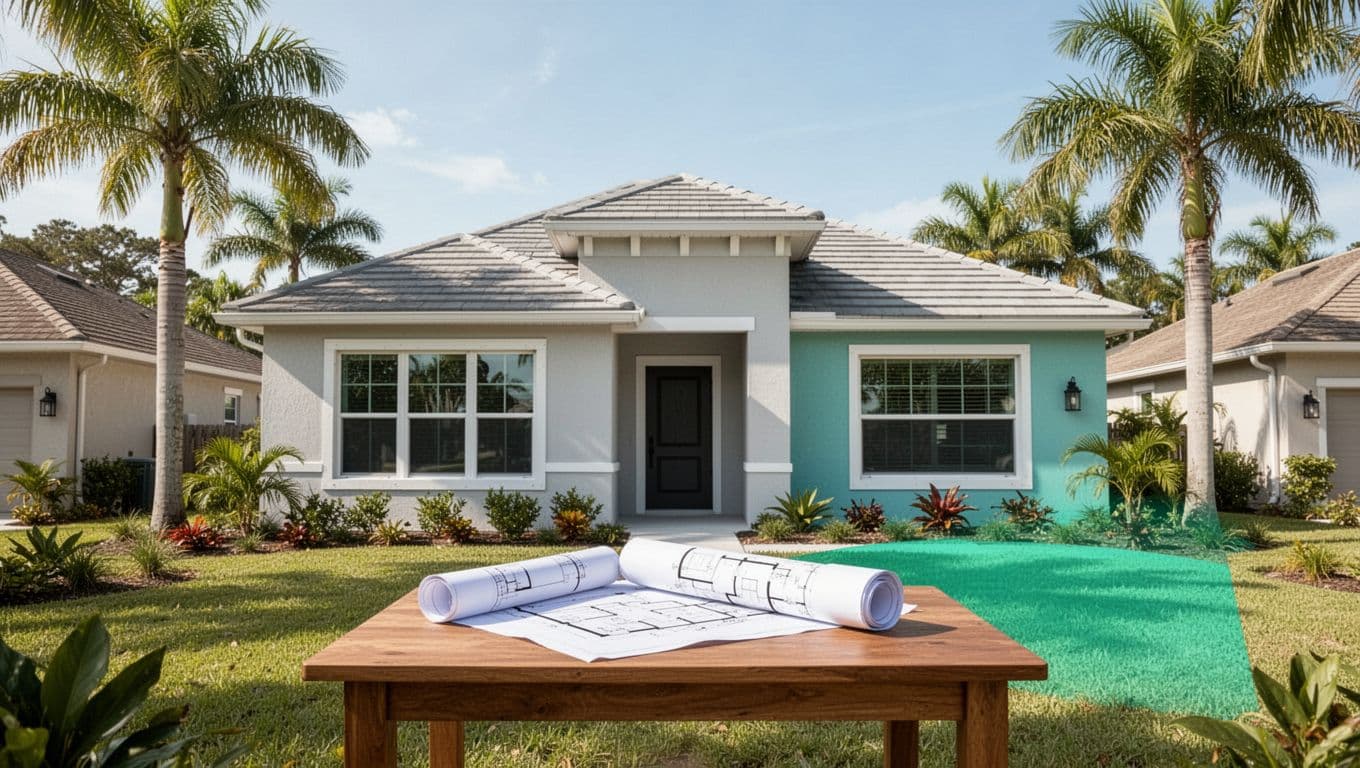 Southwest Florida property inspection and renovation plans with blueprints and palms.