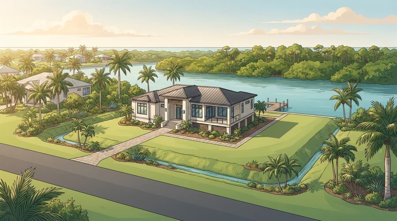 Raised modern home beside a canal and drainage swale on a waterfront homesite.
