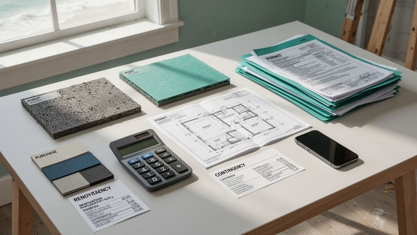 Southwest Florida construction-cost planning desk with renovation samples and permit folders.