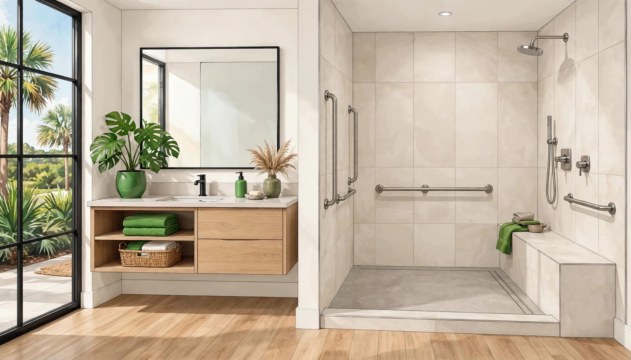 Fort Myers bathroom remodel with a wide walk-in shower, durable waterproof flooring, and accessible features.