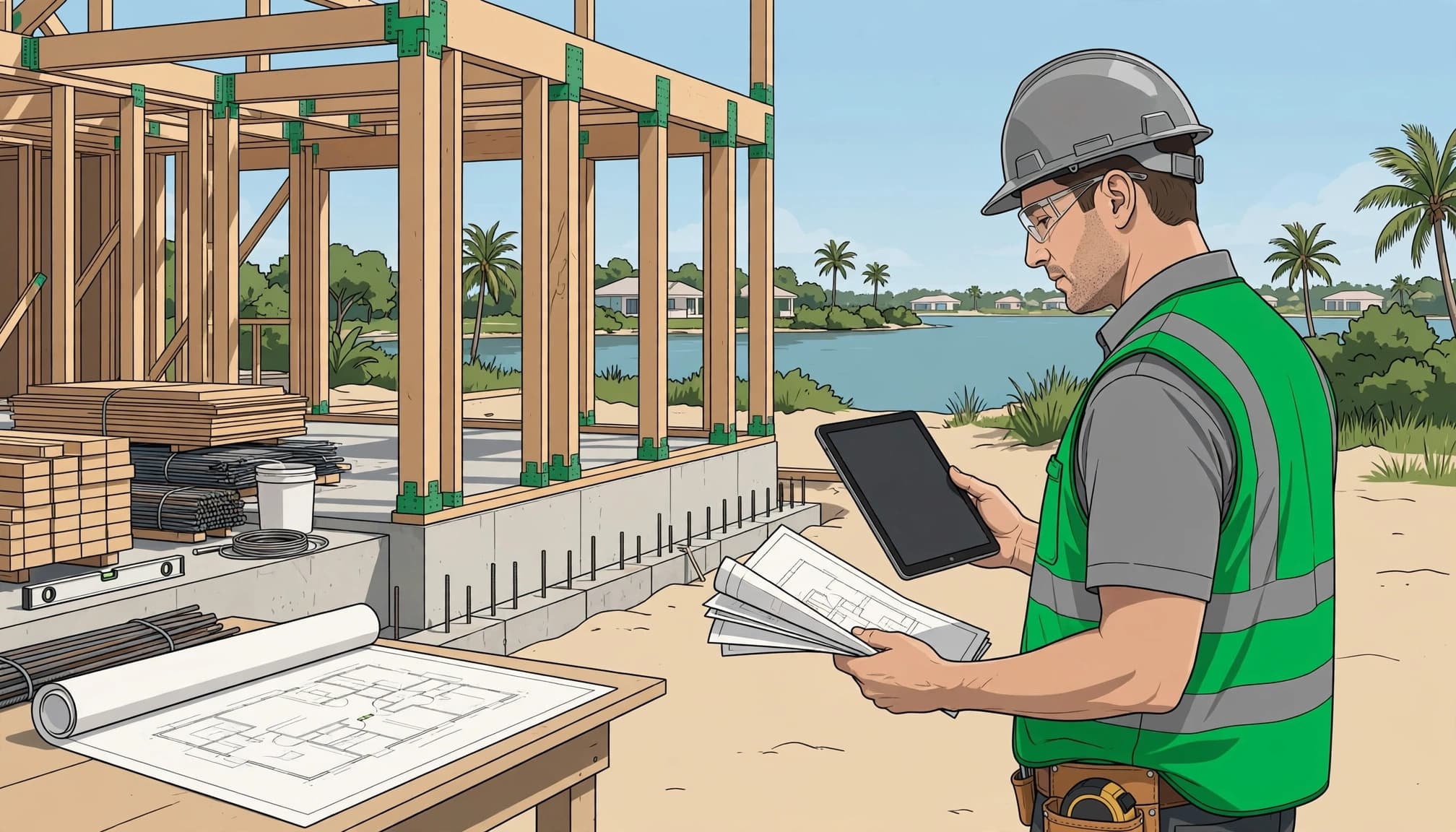 A superintendent checks a tablet against printed plans at a coastal home construction site.