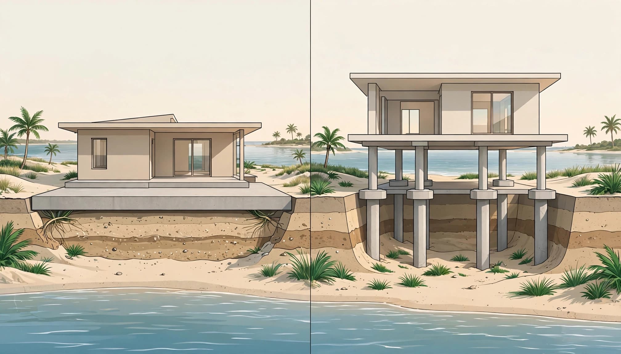Cutaway shows a low slab home beside an elevated home on concrete piles.