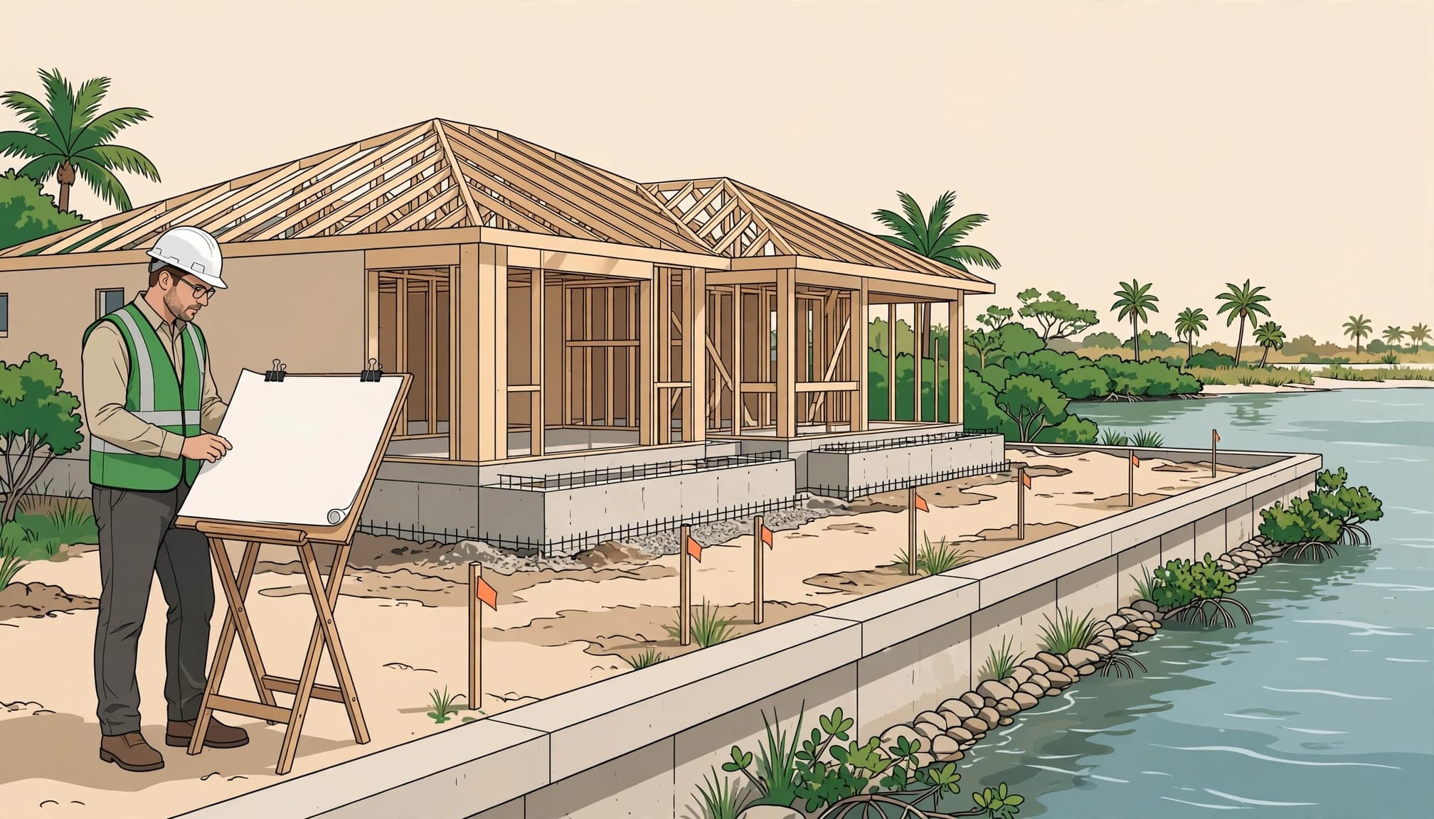 Engineer reviewing plans beside a coastal home foundation and seawall.