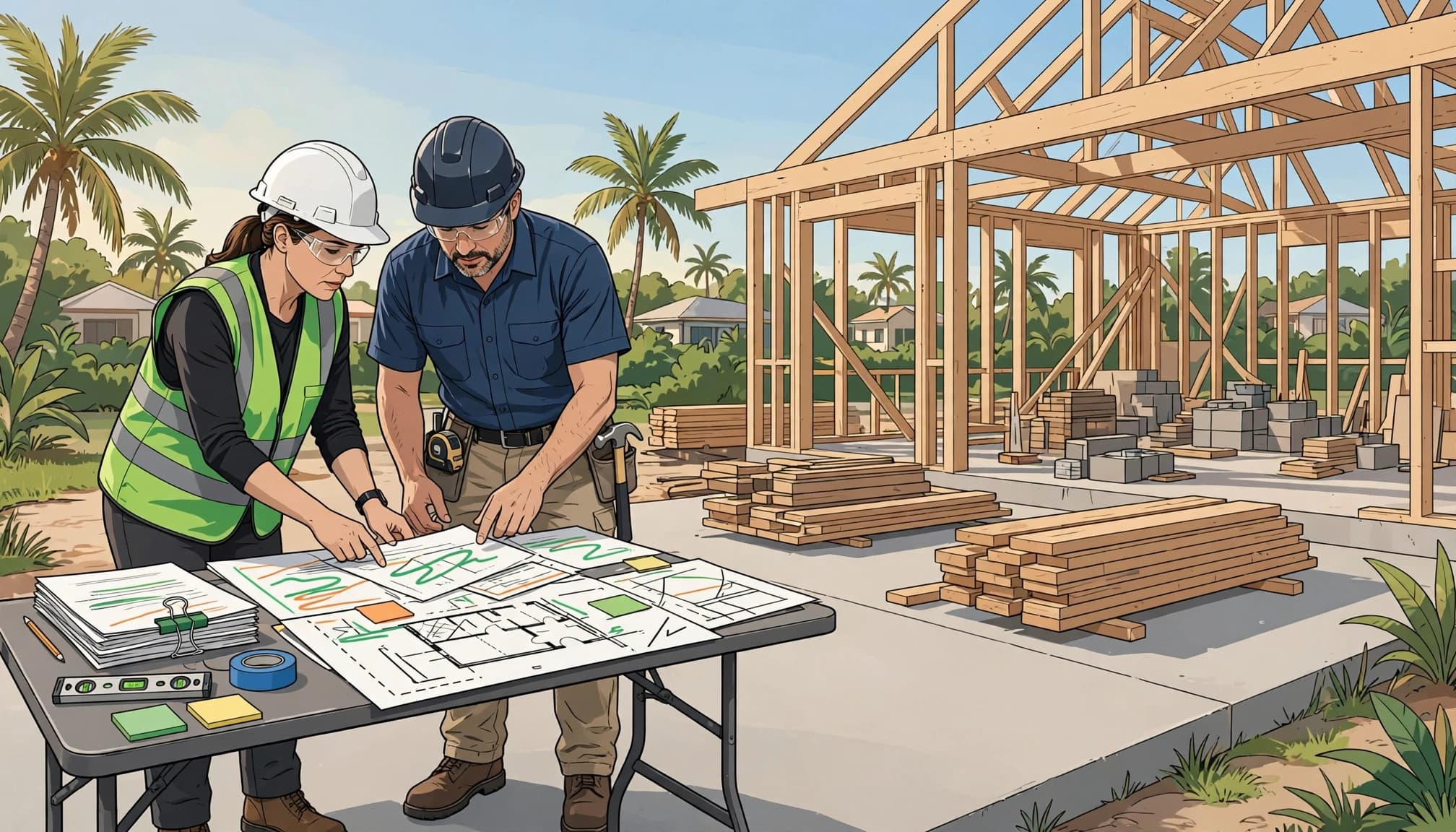 A project manager and contractor review documents beside a partially framed home.