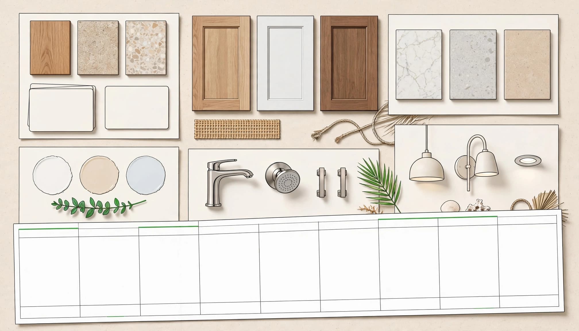 custom home finish schedule samples arranged beside a blank construction timeline.