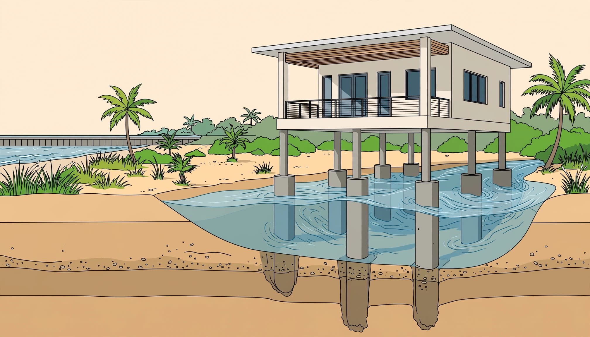 Elevated house on concrete piles with water flowing beneath it.