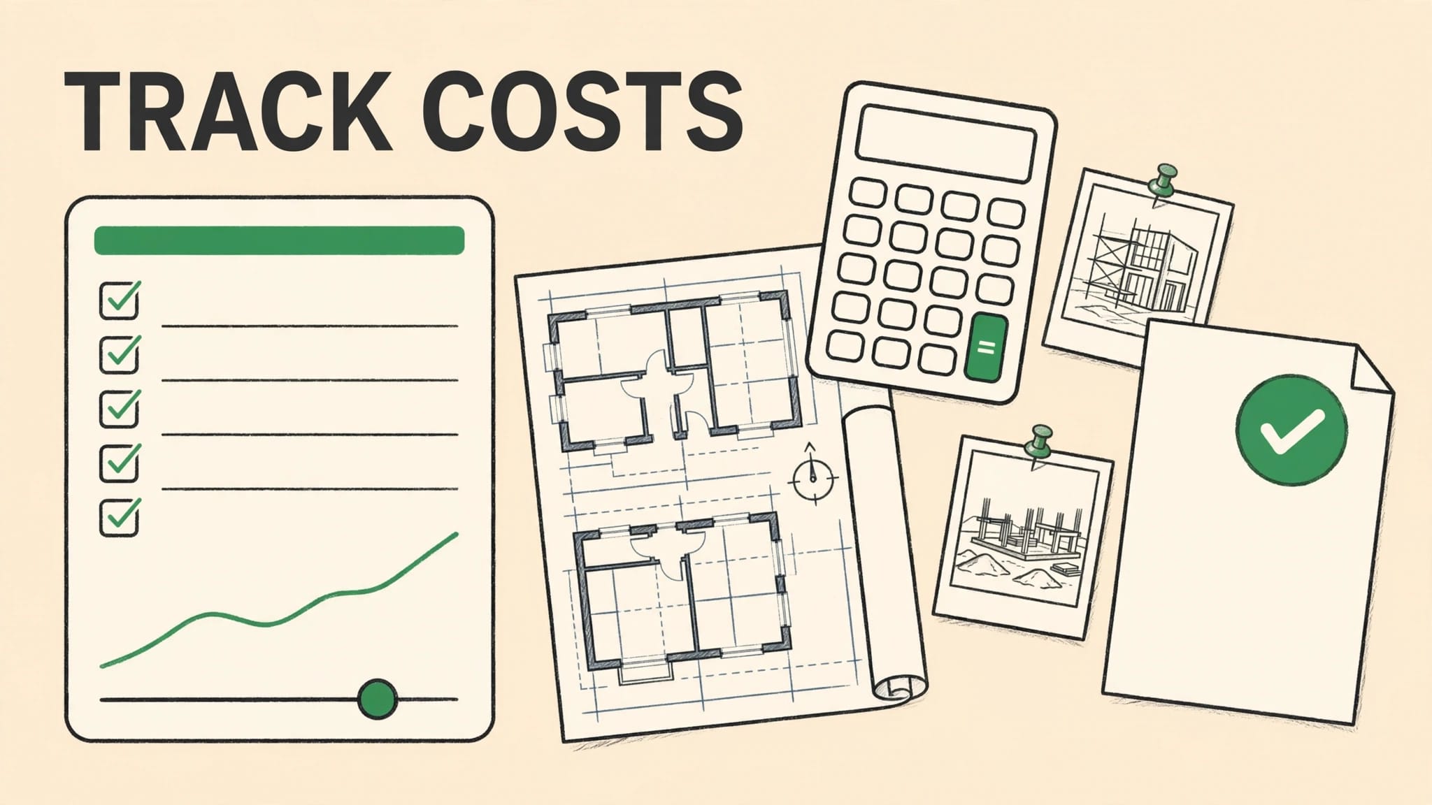 Construction documents, blueprints, calculator, photos, and a cost graph with a green control slider.
