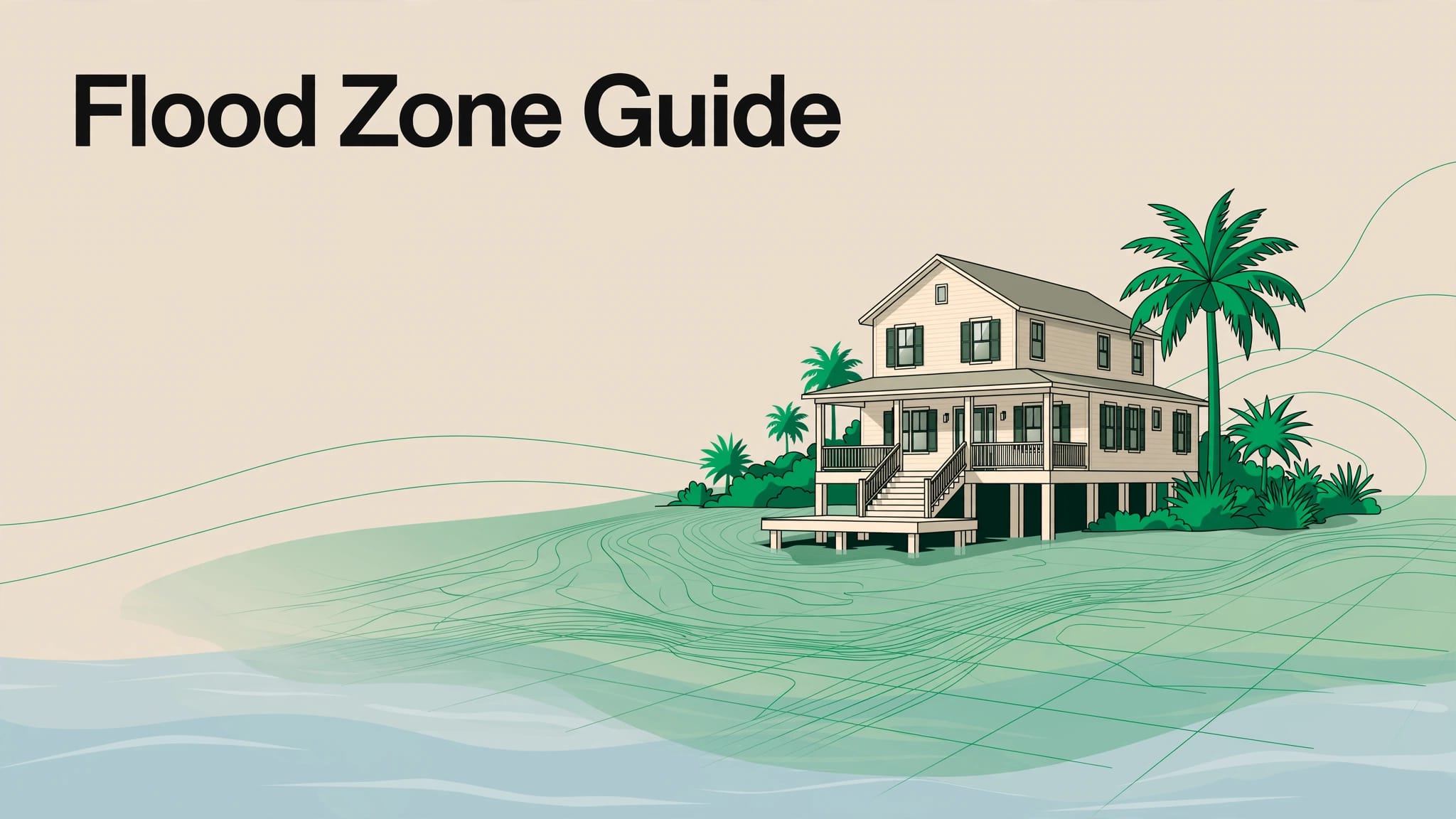 Raised Florida home beside floodwater with elevation lines and a flood map overlay.