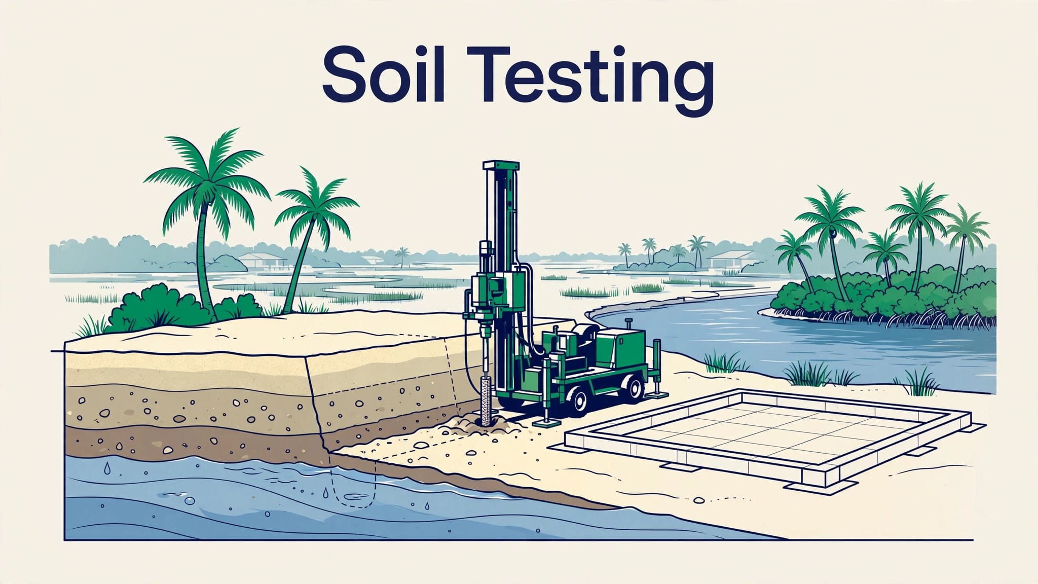 A drilling rig samples soil beside a planned home foundation near a canal.
