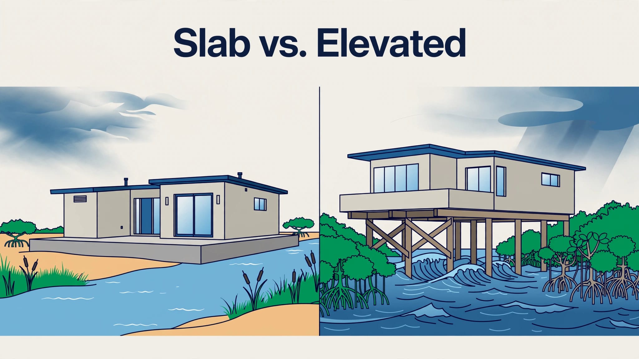 Split view of a slab home and a raised home over coastal floodwater.