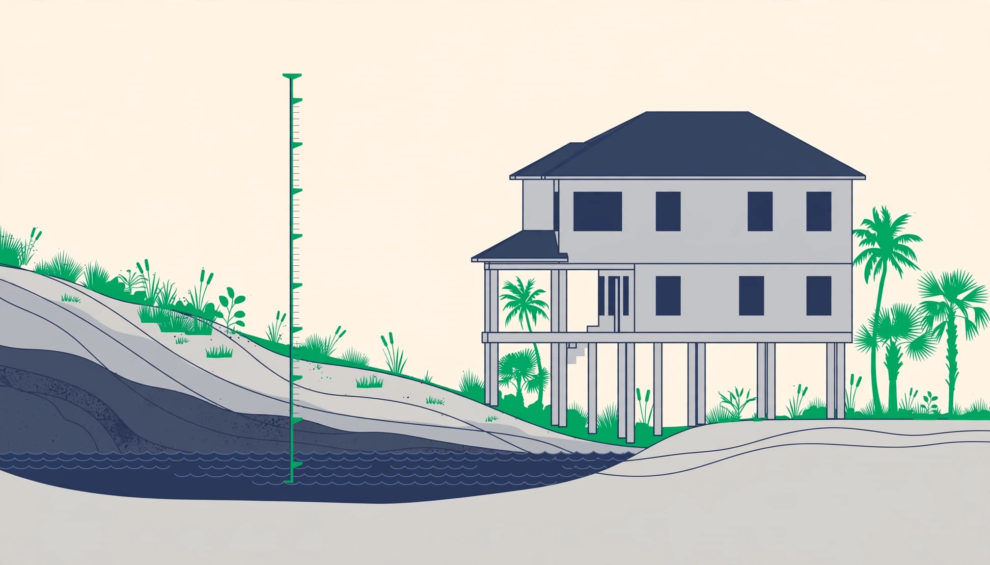 Fort Myers elevation certificate illustration showing a coastal home's floor above a flood reference level.