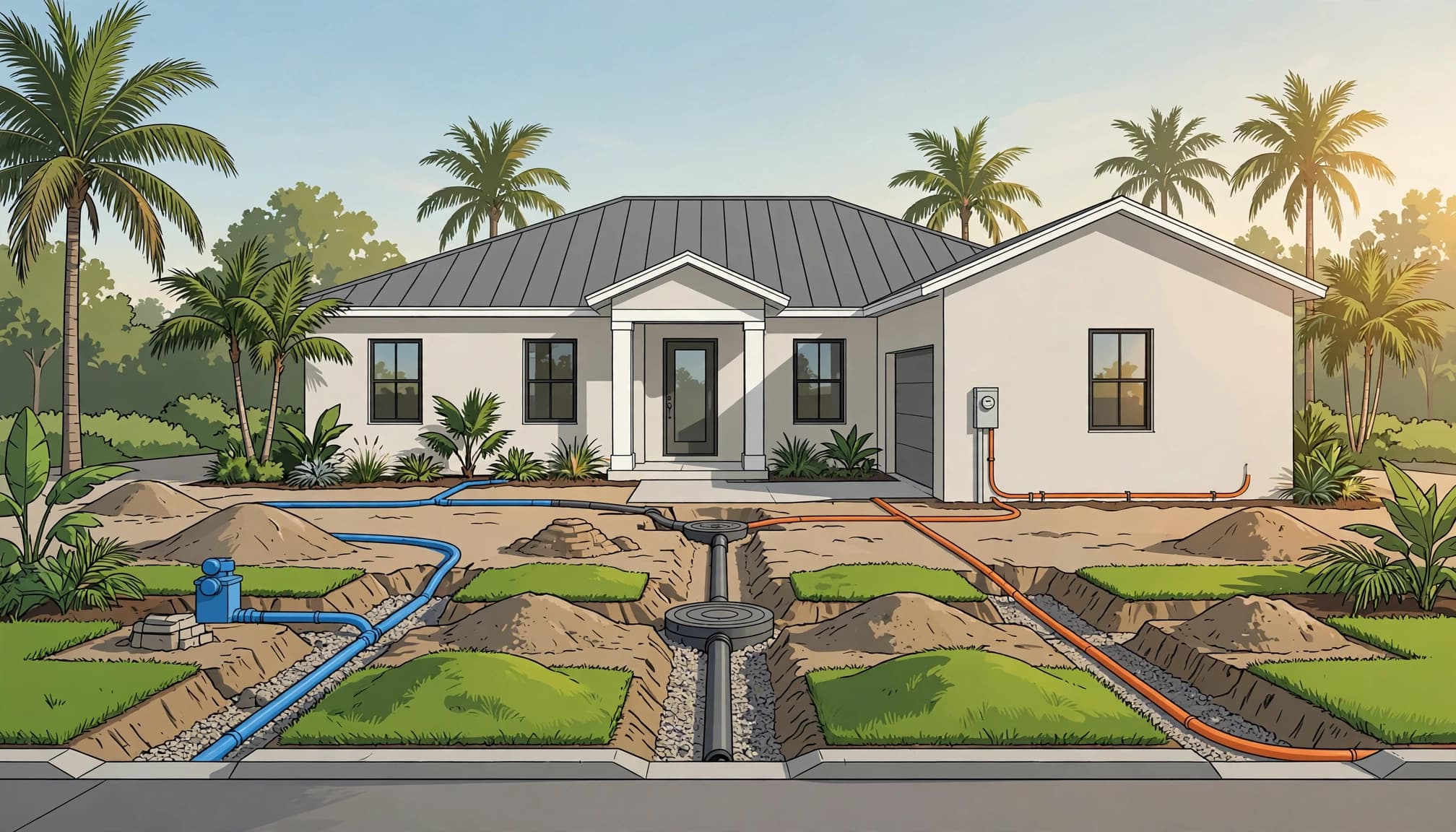Fort Myers utility connections planned for a new Florida home with visible water, sewer, and electric service paths.