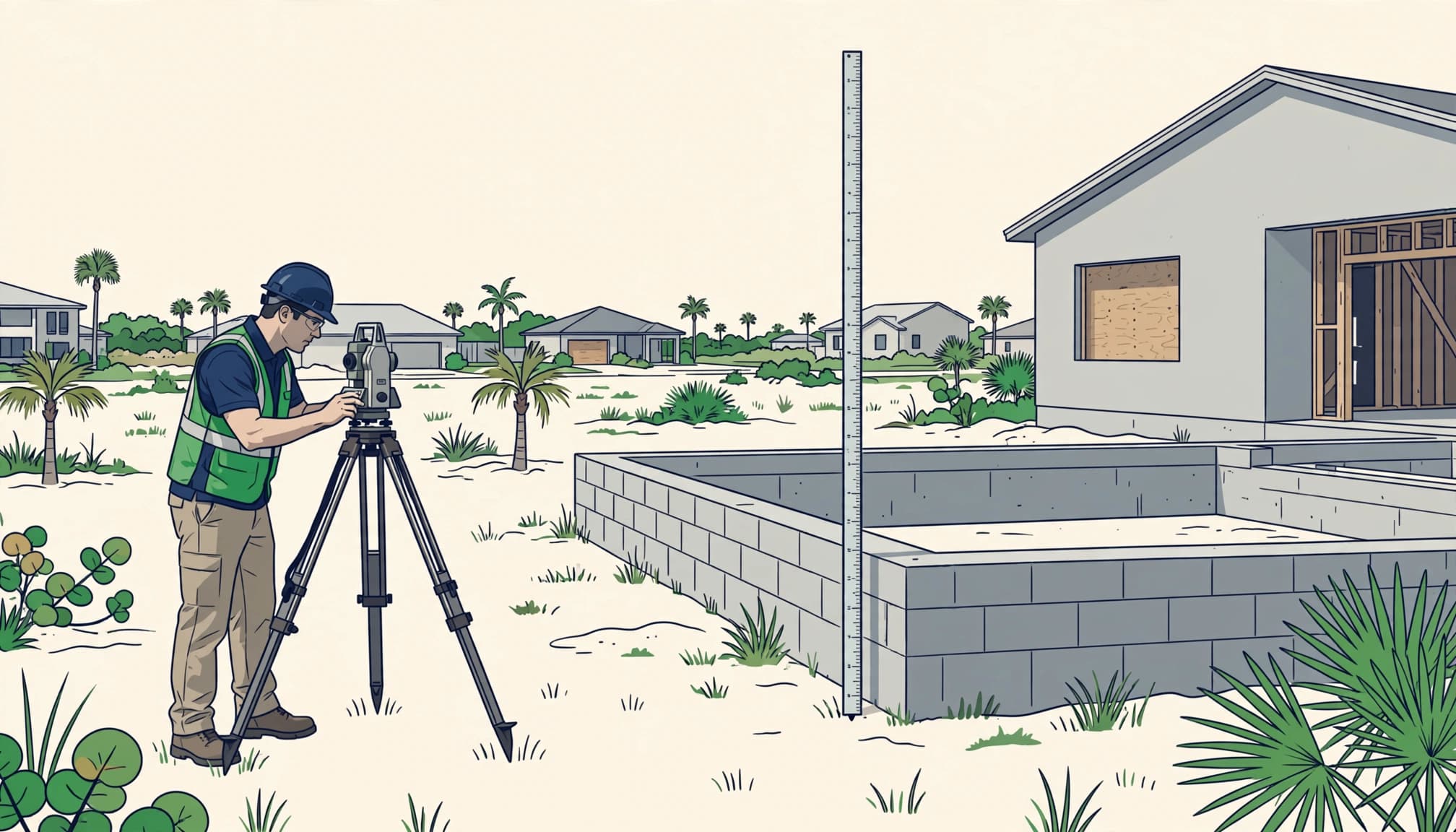 Fort Myers elevation certificate survey in progress beside a newly built home.