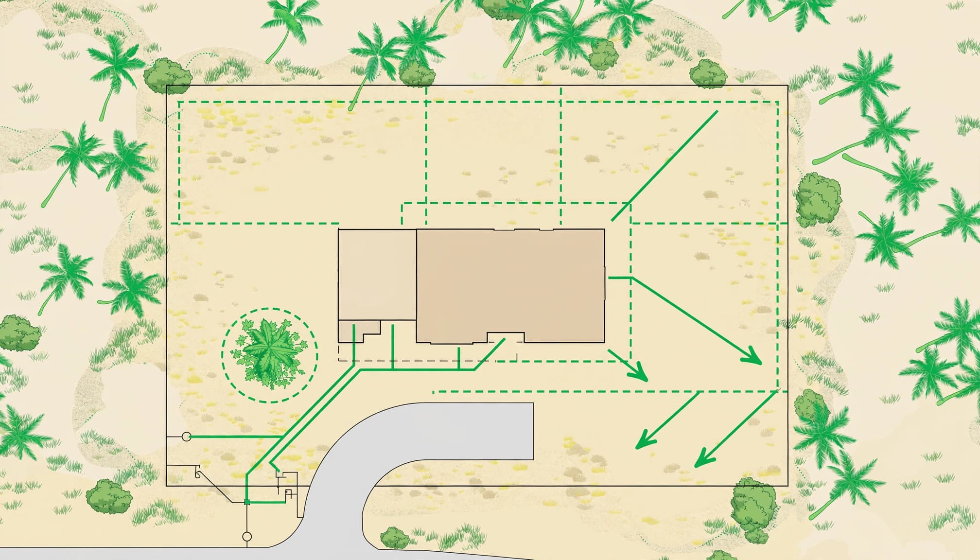 Florida residential site plan showing a house footprint, driveway, drainage arrows, utilities, and one protected tree.