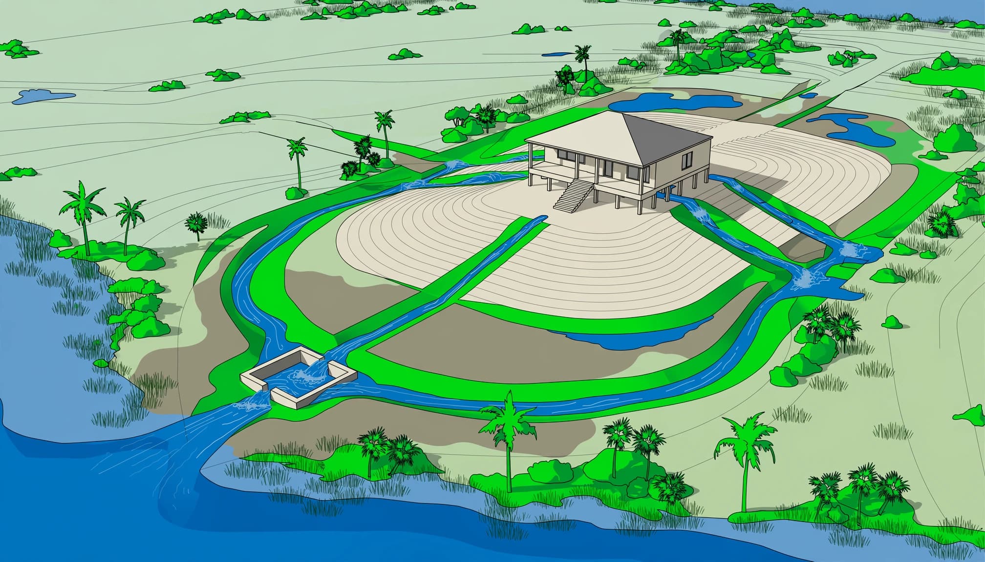 Florida residential site plan drainage review showing a raised home, swales, a catch basin, and floodplain water movement.