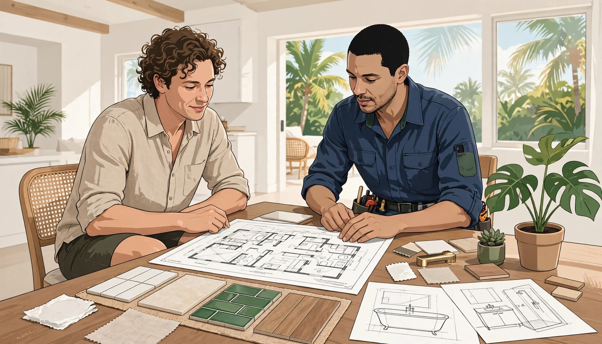 Bathroom remodel planning with a homeowner and construction professional reviewing plans and material samples.