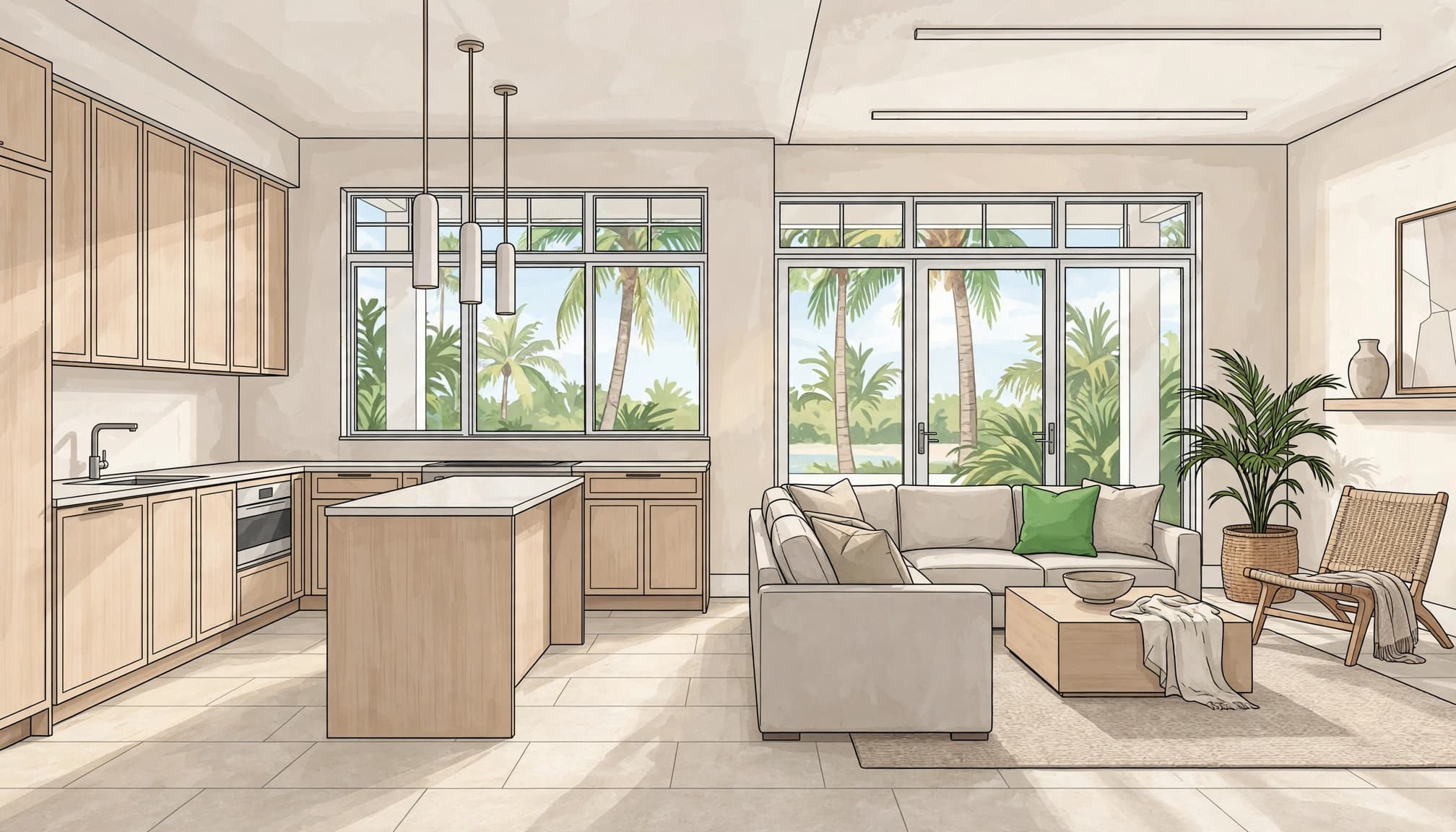 custom home finish schedule coordinated in a Fort Myers open-plan kitchen and living room.
