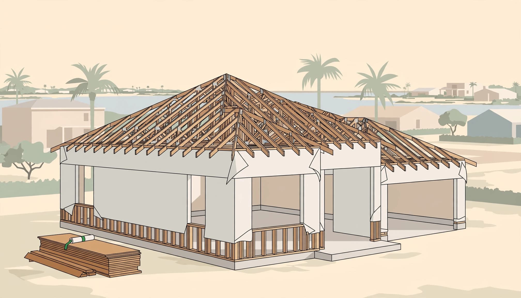 A framed Fort Myers home under construction, illustrating builder's risk insurance Fort Myers buyers should review.