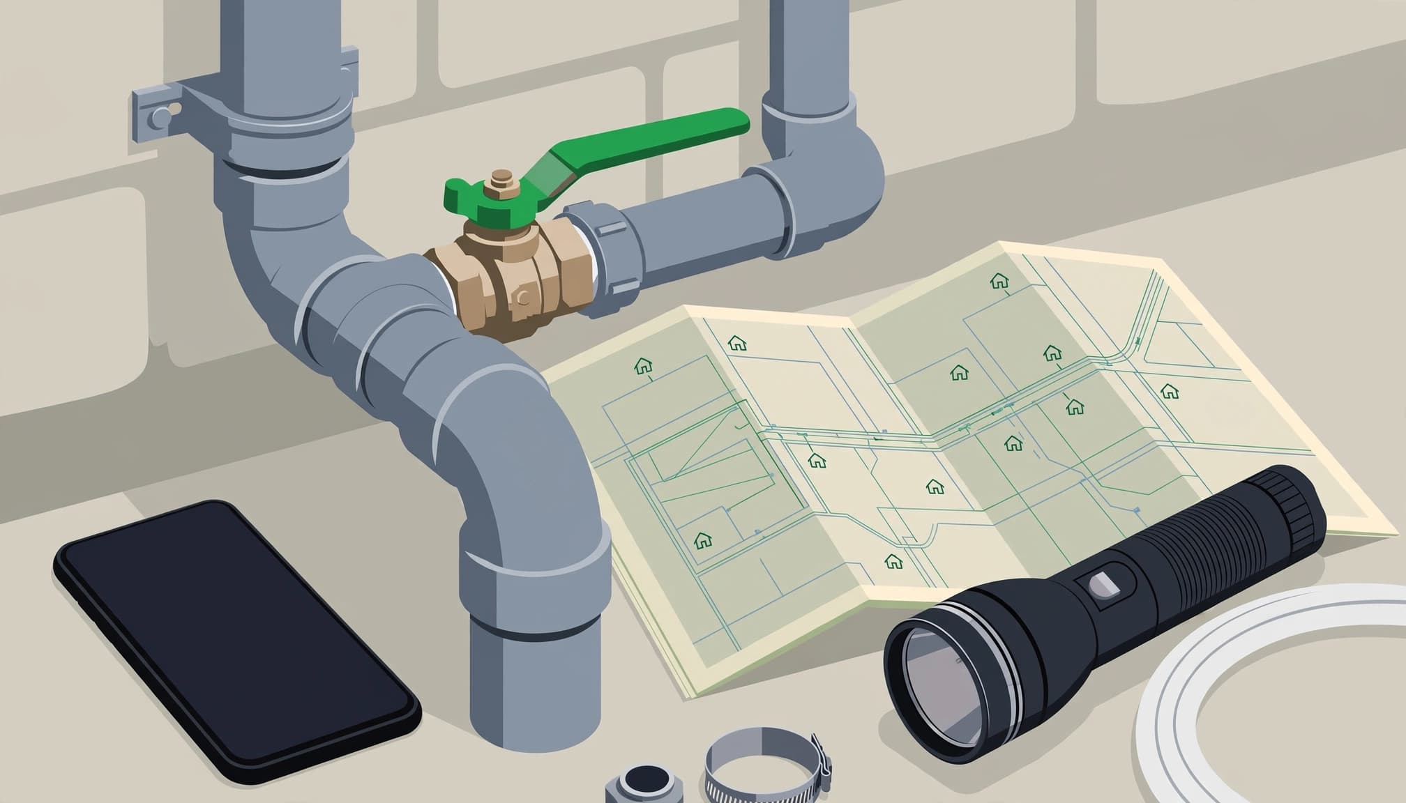 Fort Myers utility connections emergency plan with a phone, water shutoff valve, utility map, and flashlight.