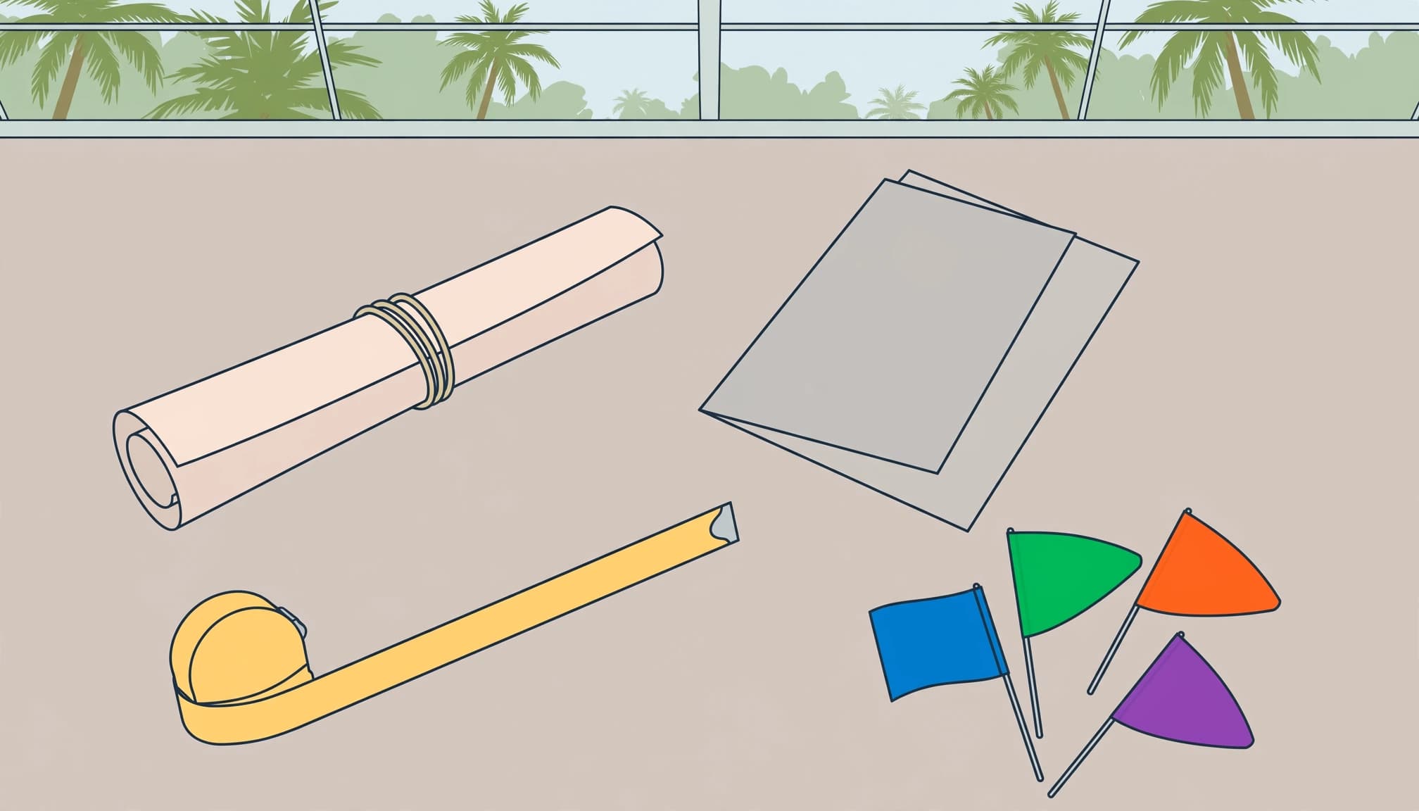 Fort Myers utility connections planning documents, property survey, utility markers, and measuring tool on a construction table.
