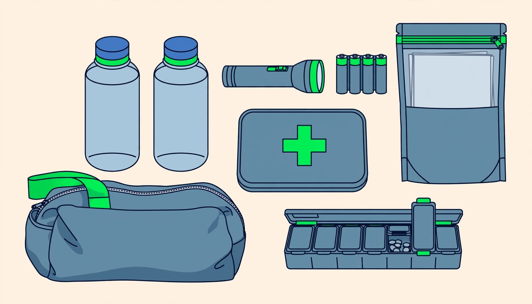 Southwest Florida hurricane preparation supplies and a waterproof document pouch beside an evacuation bag.