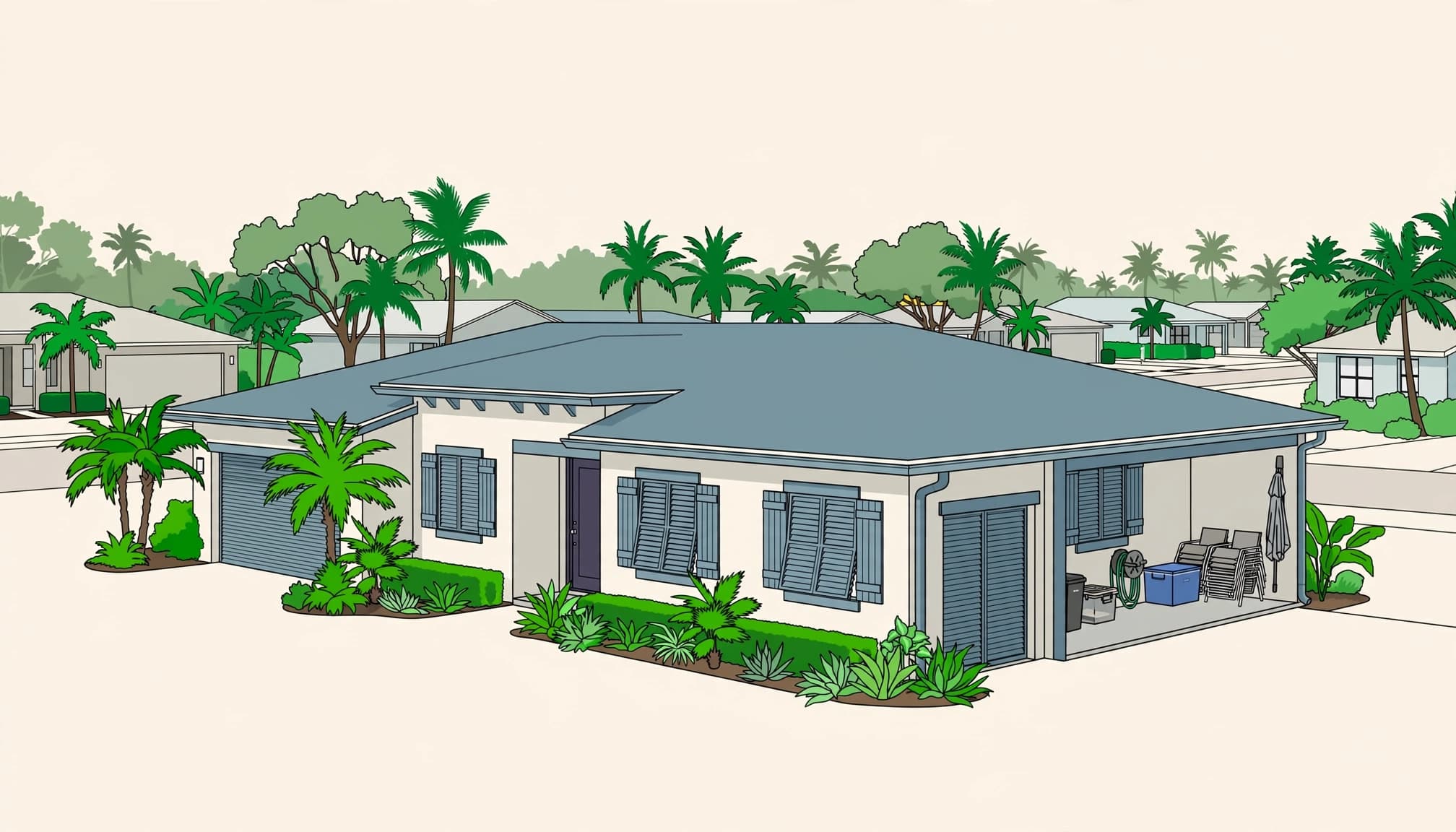 Southwest Florida hurricane preparation at a coastal home with closed shutters, trimmed palms, and a clear yard.