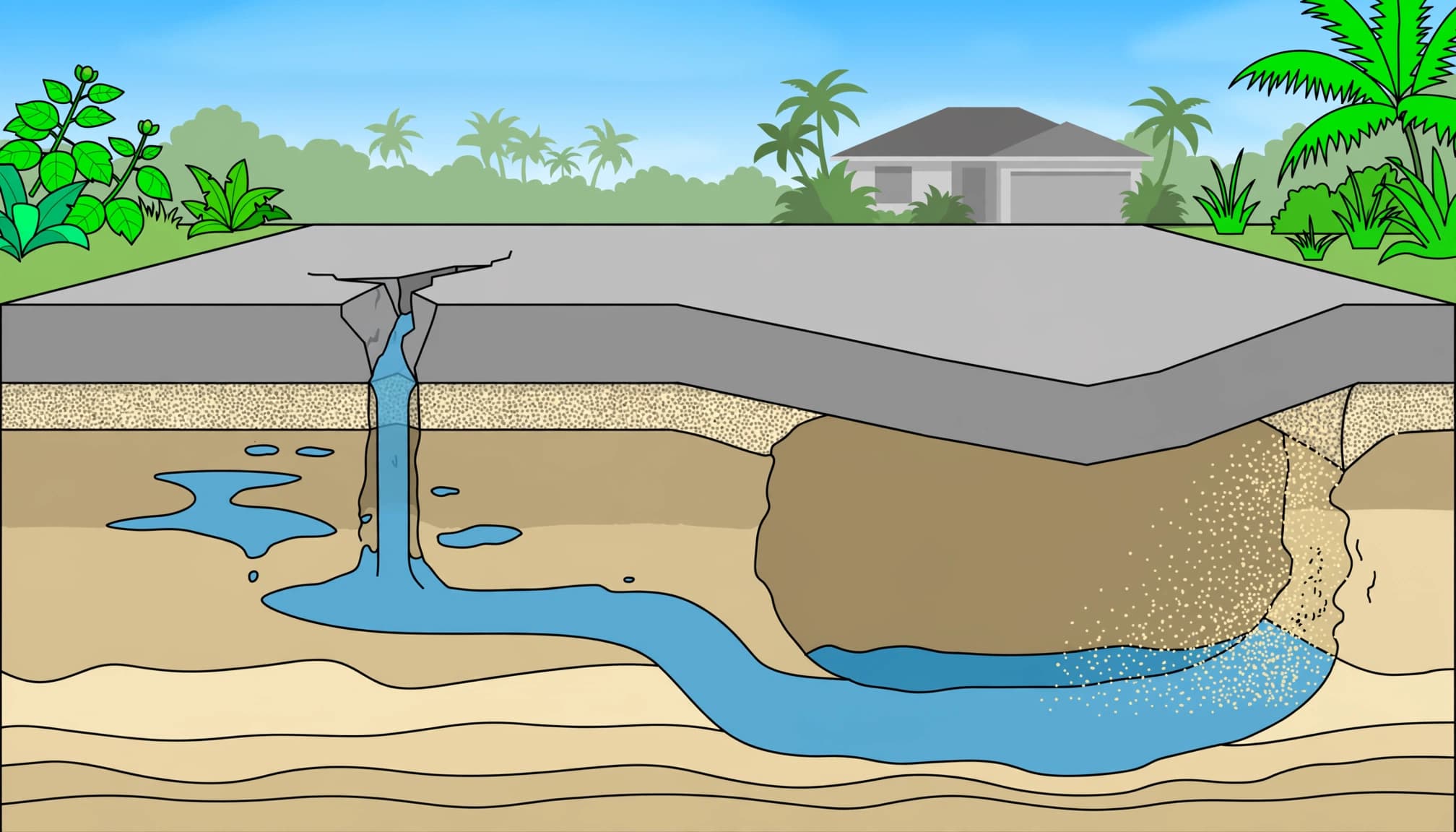 Illustrated concrete slab cutaway showing water entering a crack and eroding supporting soil