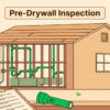 An inspection clipboard and flashlight sit before an open wall with framing, pipes, wiring, and ducts.