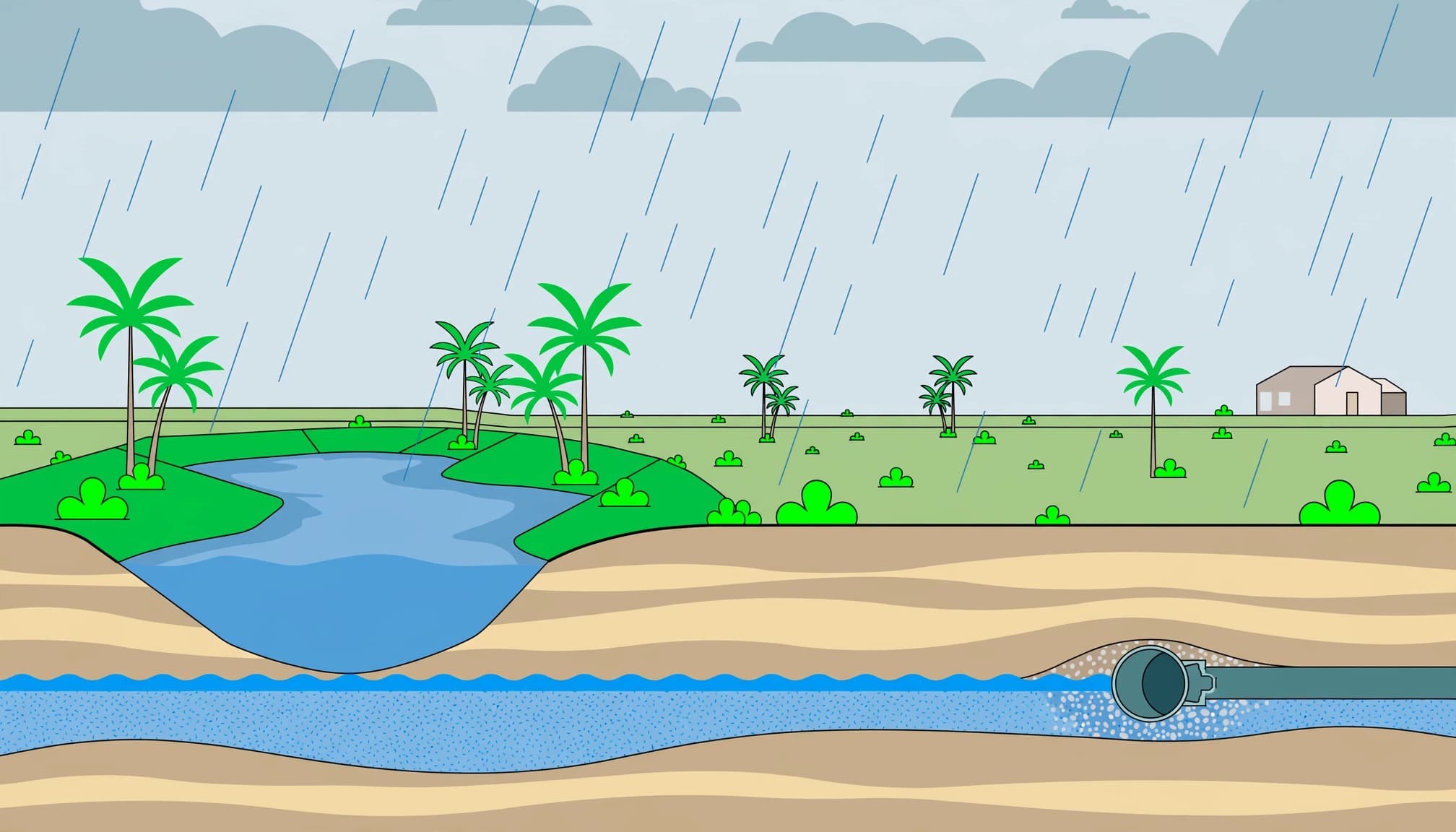 A flat Southwest Florida site illustration with a stormwater pond, drainage pipe, and groundwater beneath the surface.