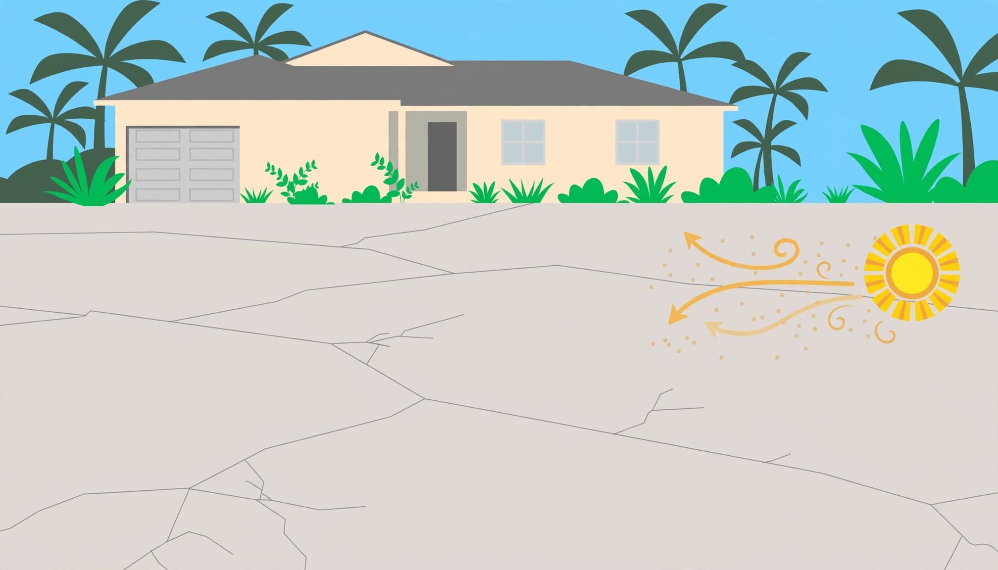 new concrete cracks Florida: illustration of sun and drying wind over a newly poured driveway