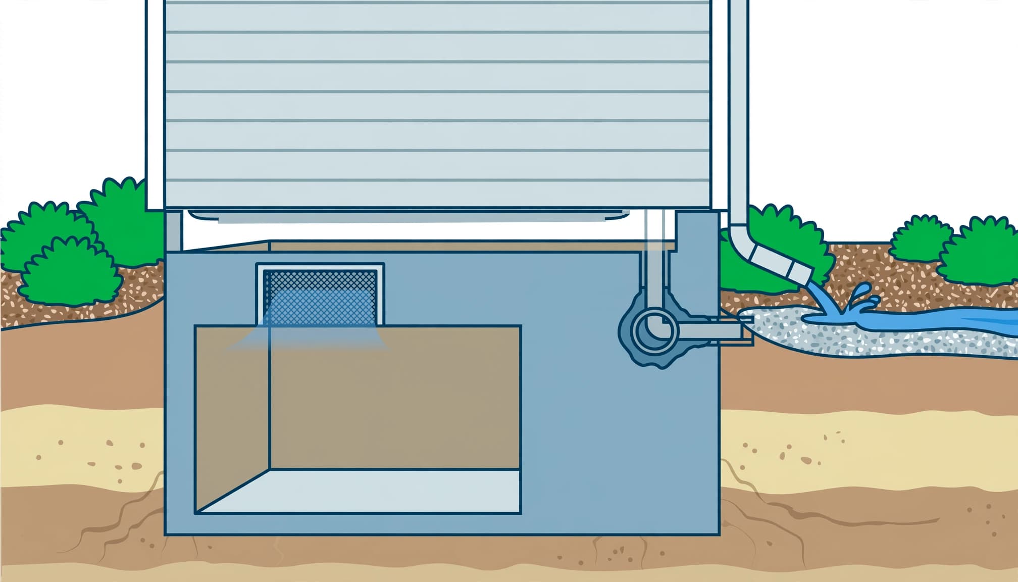 Florida termite prevention cutaway showing foundation drainage, visible inspection space, vents, and utility penetrations