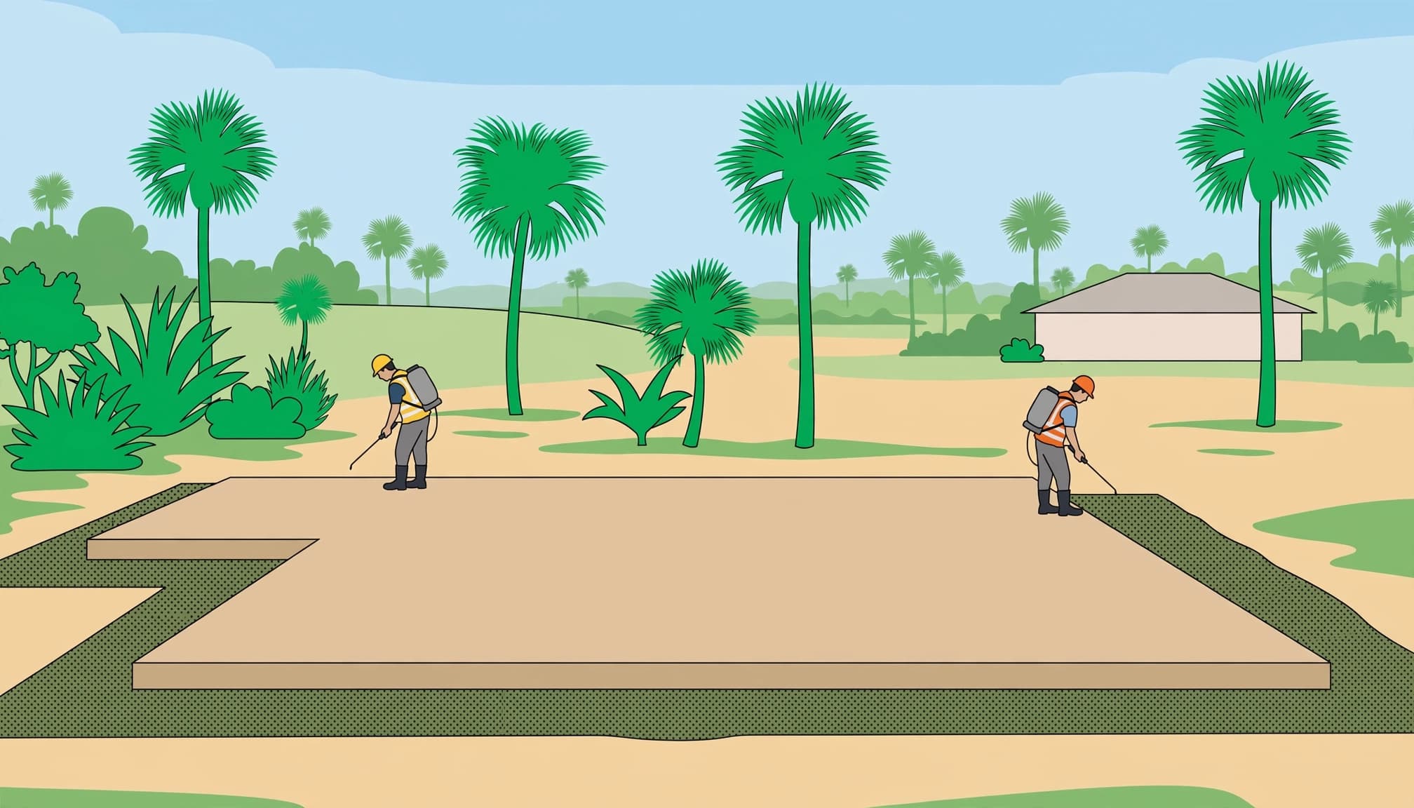 Florida termite prevention illustrated by workers treating soil around a new concrete foundation