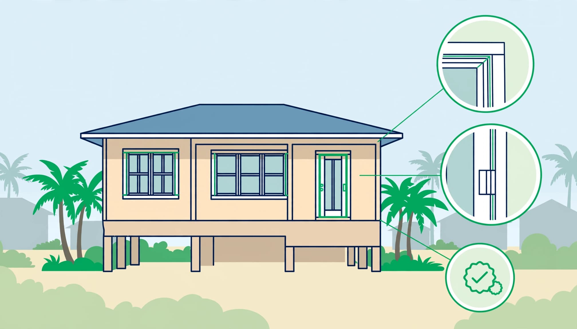 Florida product approvals illustrated through window and door details on a coastal home